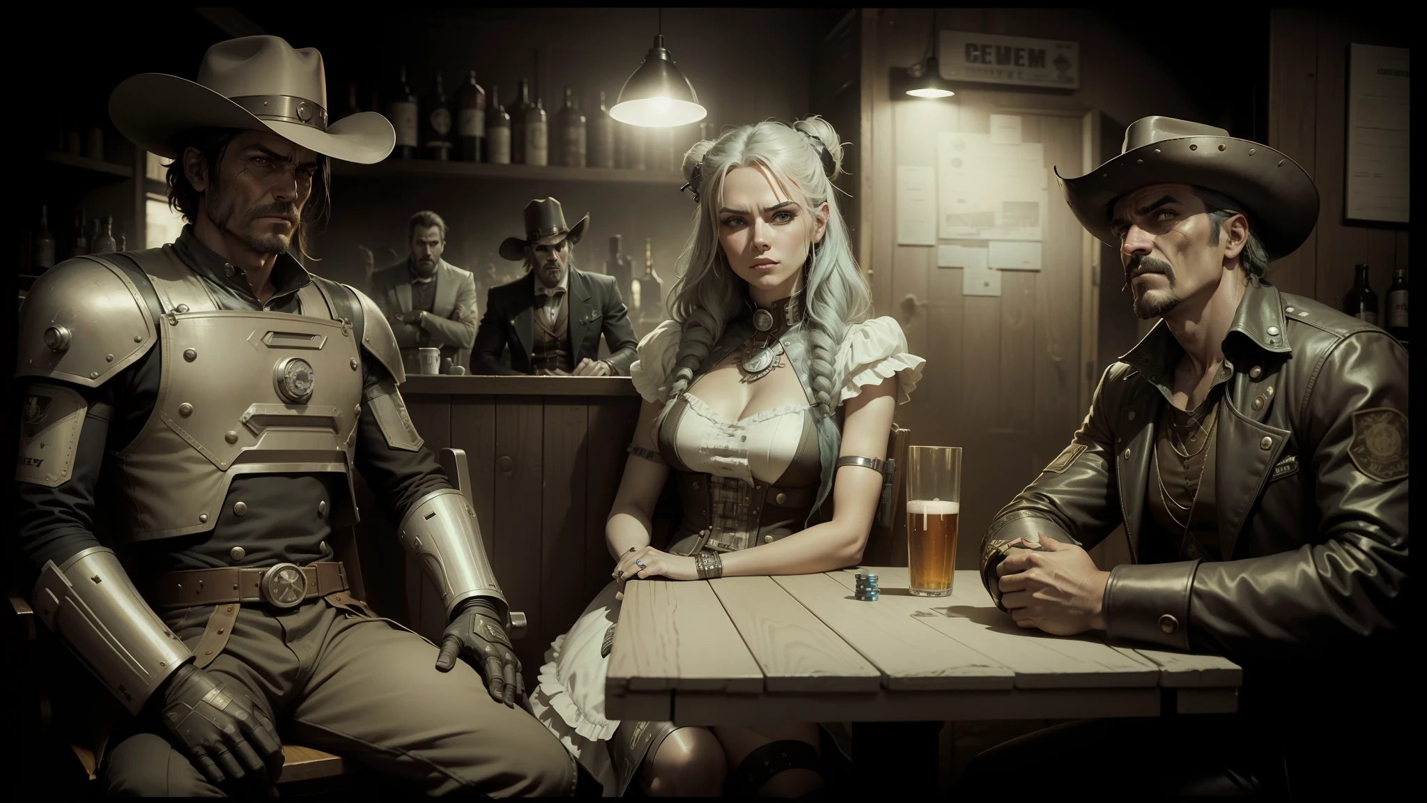 three people dressed in costumes sitting at a table with a robot, cyberpunk wild west, 2 - bit, cinematic lens, female sheriff, canon 5d mark iii photo, ps 3 screenshot, poker face, saloon, time elves, cowboy shot, by Edwin Dickinson, cinematic beer, thousand yard stare, mastodonic --auto --s2