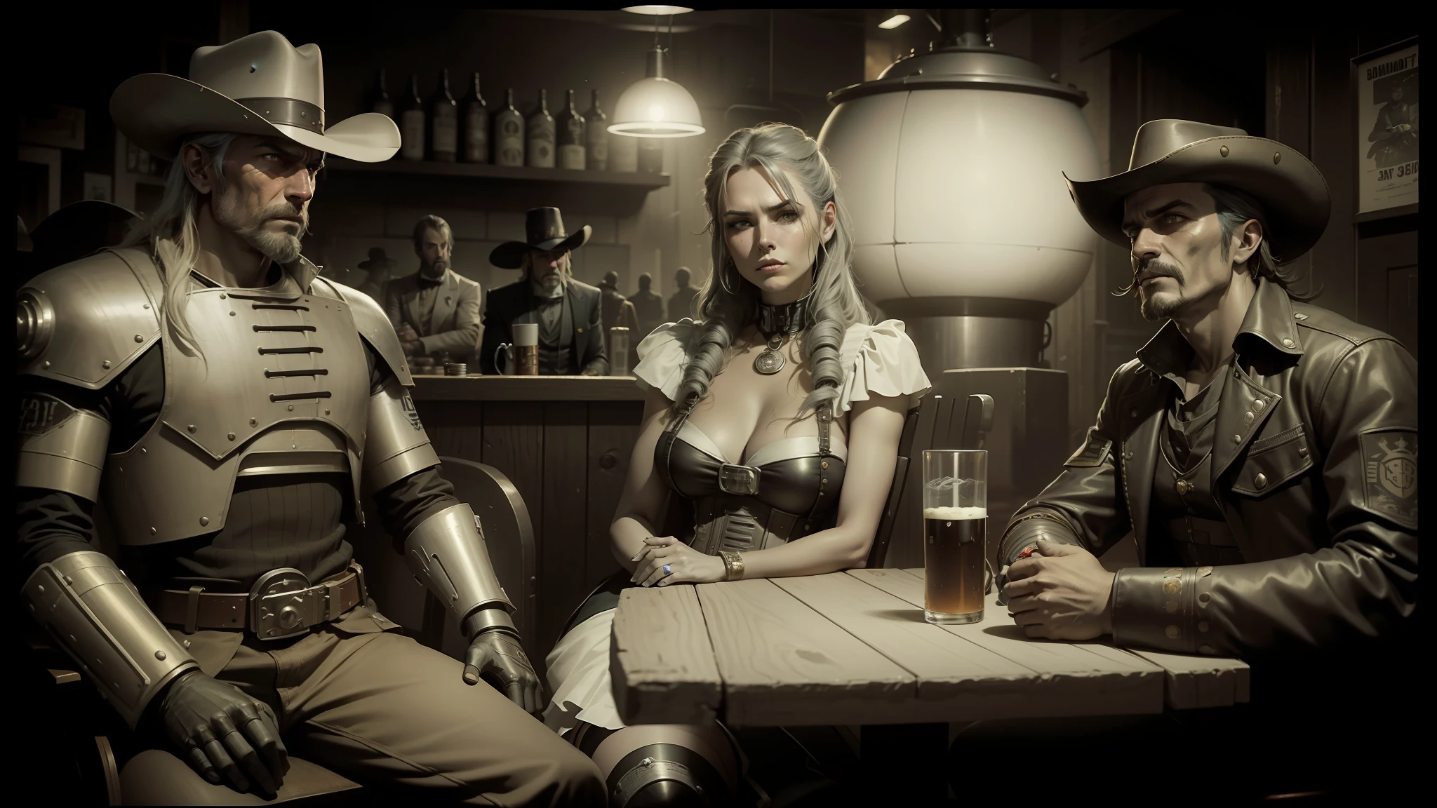 three people dressed in costumes sitting at a table with a robot, cyberpunk wild west, 2 - bit, cinematic lens, female sheriff, canon 5d mark iii photo, ps 3 screenshot, poker face, saloon, time elves, cowboy shot, by Edwin Dickinson, cinematic beer, thousand yard stare, mastodonic --auto --s2
