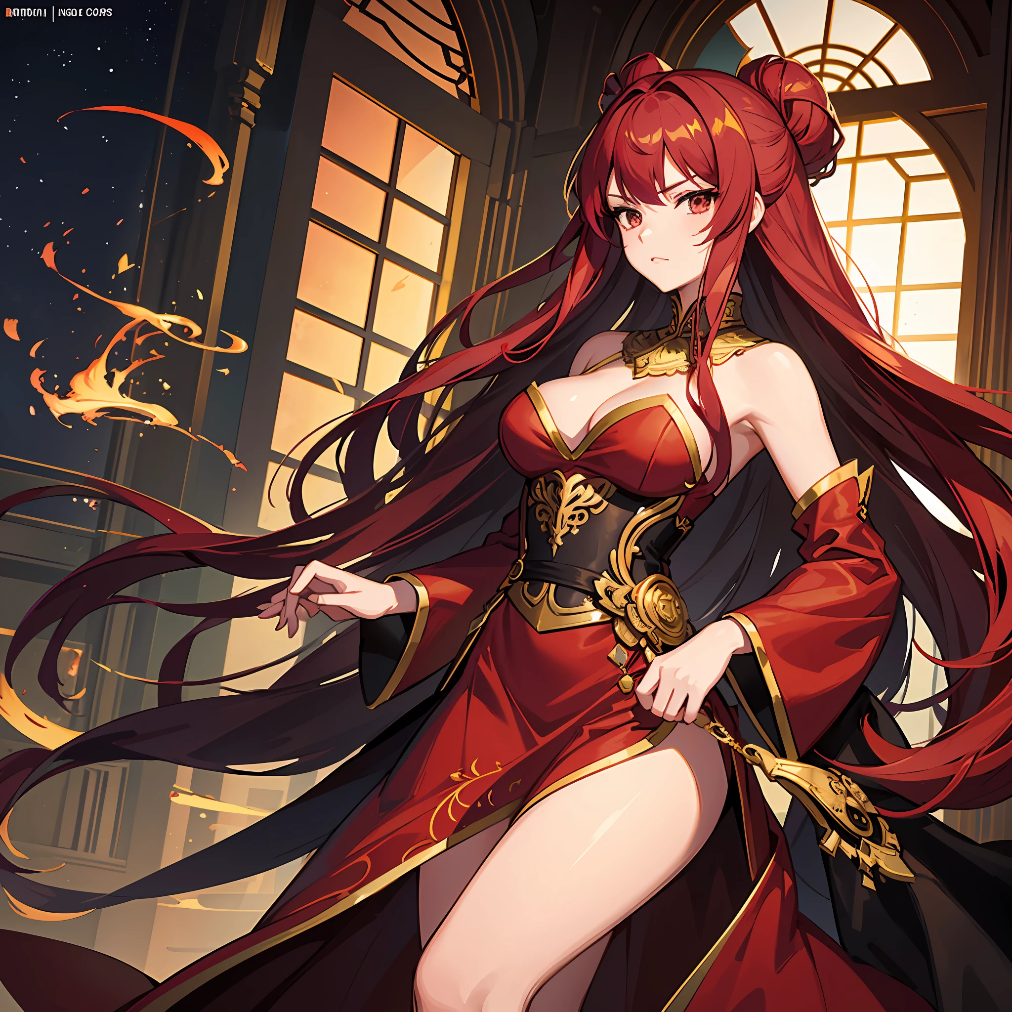 Create a picture of a 21-year-old anime woman with long, flowing red hair. She is wearing clothing inspired by imperial style, with elegant and luxurious elements. The outfit can be an elegant dress with gold embroidery details or a flowing robe with royal accents. Her face exudes a determined and confident demeanor, with sharp and serious eyes. Capture a strong aura that highlights her leadership through this picture. Show that she is a powerful figure, radiating unmatched grace.