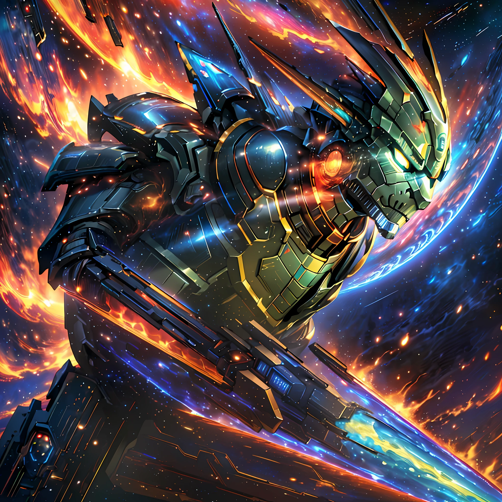 extremely detailed CG unity 8k wallpaper, masterpiece, best quality, best illustration,(galaxy war:1.5),(the Empire Strikes Back:1.3),(Dark armor:1.5), dark and menacing,heavily armored,dramatic lighting, fire sword, white beam sword,colorful fire and energy, smoke and fire, epic space battle.