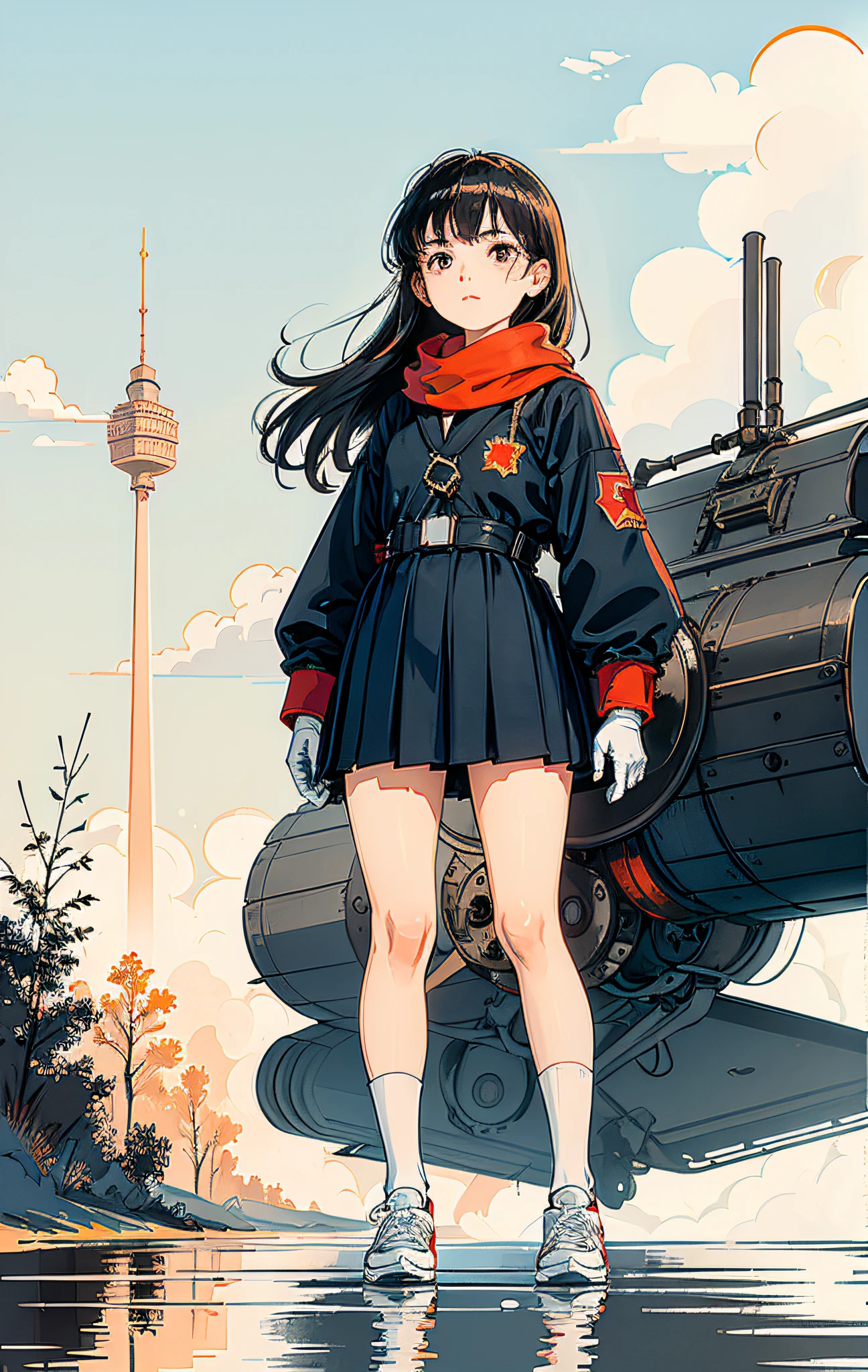 Elementary school student, cute, thin eyes, shiny hair, visible through hair, eyebrows, CCCPposter, sovietposter, red monochrome, Soviet poster, Soviet Union, communism, black hair, black eyes, girl, school uniform: Orange_clothing_body: jumpsuit), white_gloves, white_space shoes, white_helmet, red scarf, weightlessness, Side light, reflection, the campus clock in the upper right corner of the screen, behind the girl is a ground-attached aircraft, sun reflected light, silver metal, red flag, brilliance, Soviet style, diffuse reflection, metallic texture, the vista is blue earth, mecha style, star sea, high-profile, magnificent