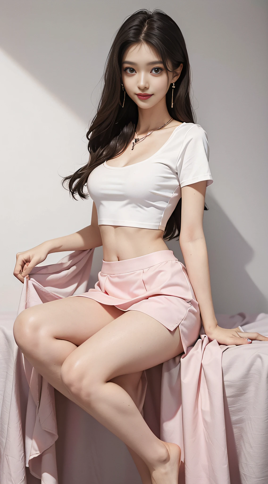 A beautiful woman, 22 years old, full body like, (slim figure), (long legs), smaller bust, smile, detailed eyes, double eyelids, pink earrings and necklace, long hair, white shirt top, pink hip skirt, OL, white collar