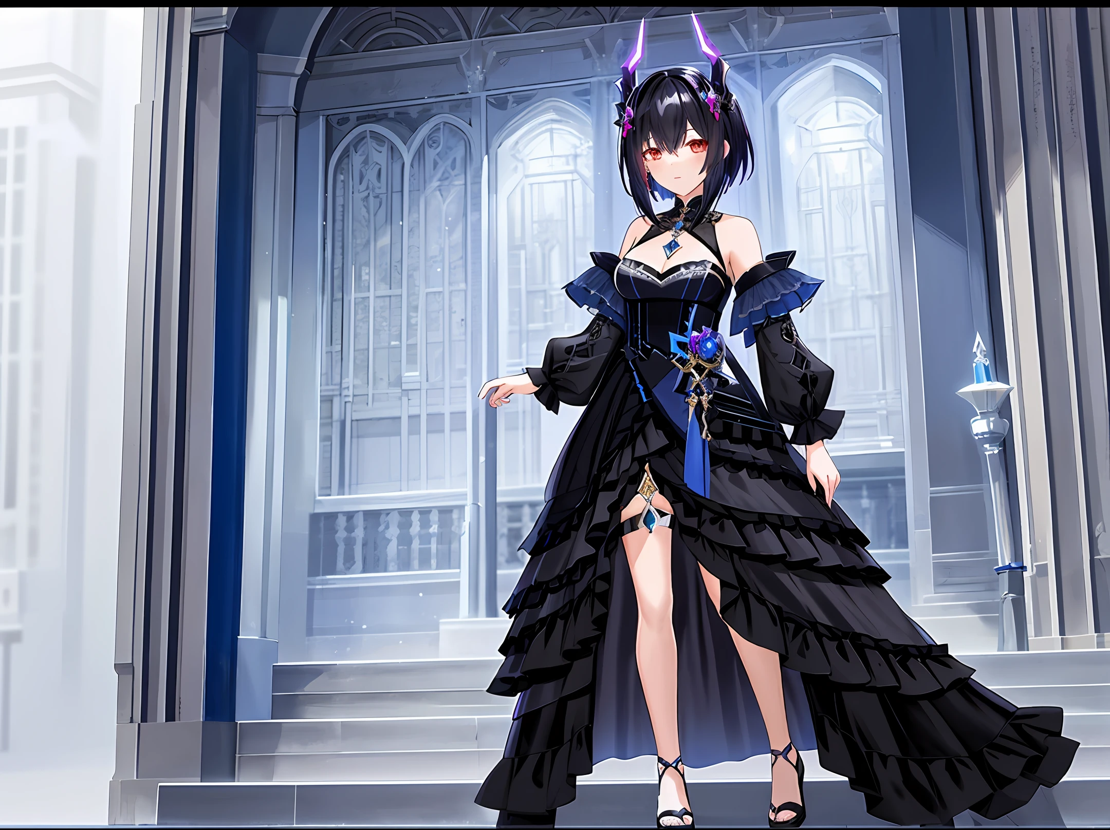 Oc genshin impact, black hair with bang, dress half transparent and blue, black heels, mystical character, succubus horns and jewelry, water