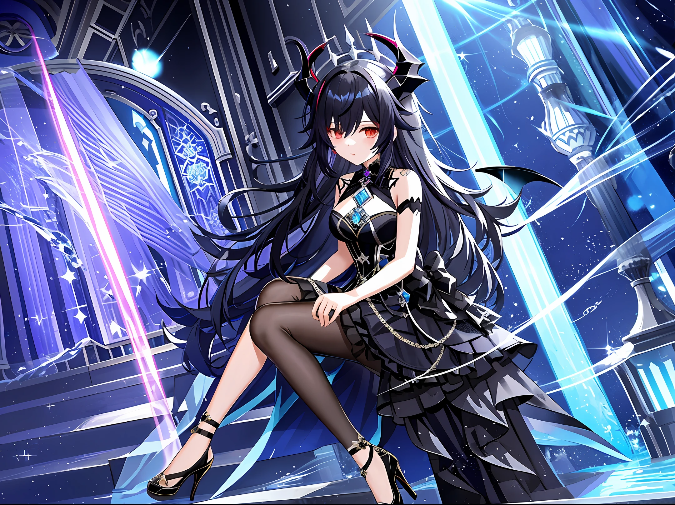 Oc genshin impact, black hair with bang, dress half transparent and blue, black heels, mystical character, succubus horns and jewelry, water