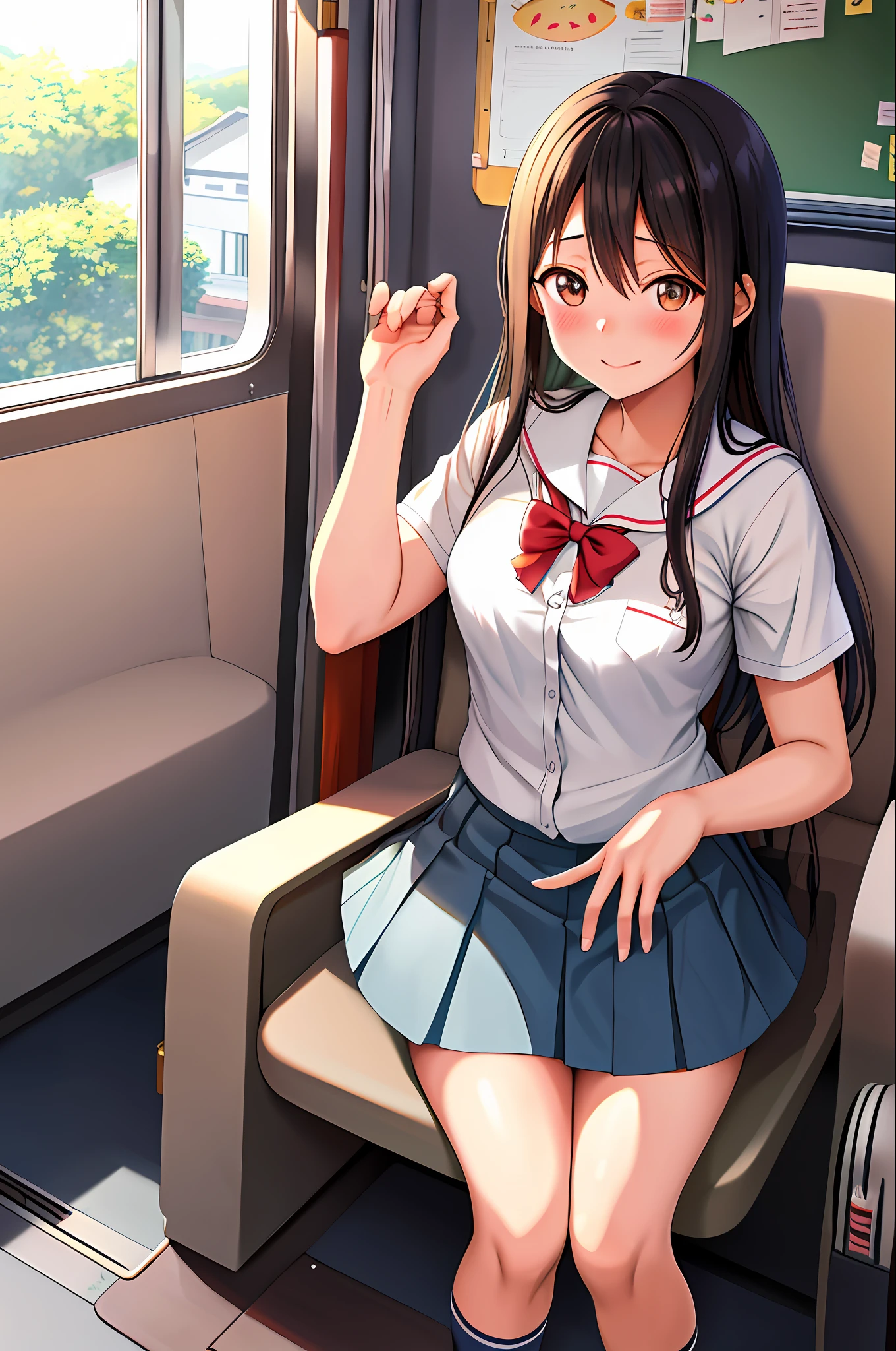 anime girl sitting on a train seat with her hand up, beautiful anime high school girl, nagatoro, a hyperrealistic schoolgirl, anime visual of a cute girl, cute anime girl, cute schoolgirl, young anime girl, hyperrealistic schoolgirl, realistic schoolgirl, anime moe artstyle, anime best girl, school girl, smooth anime cg art