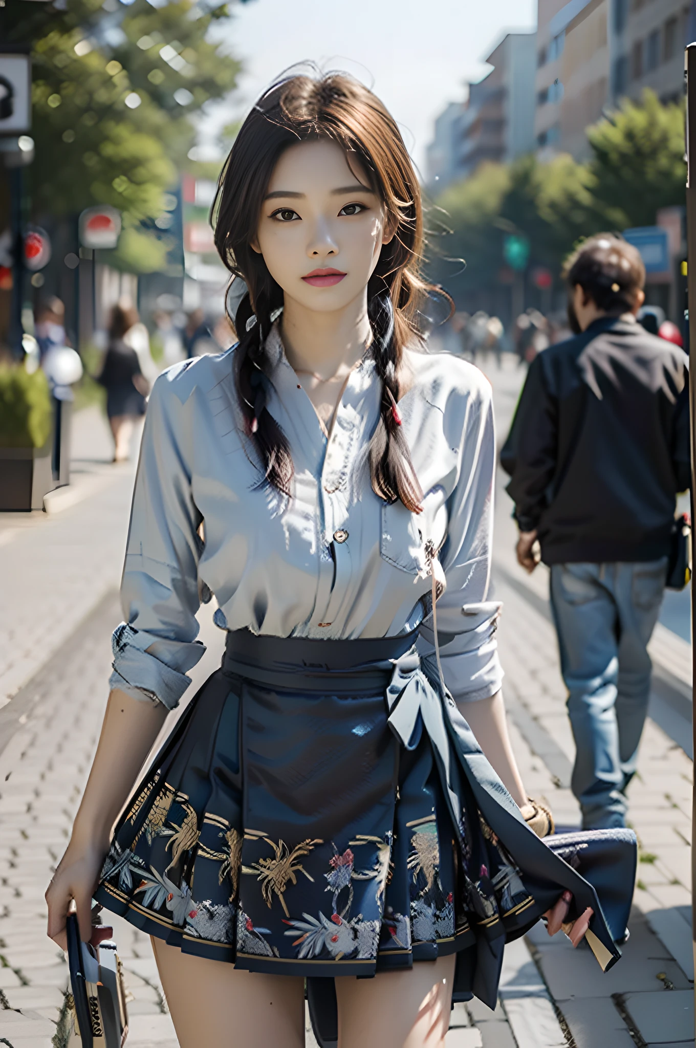 colorful hair, ultra hd, retina, masterpiece, anatomically correct, textured skin, super detail, high detail, high quality, high quality, award-winning, best quality, high resolution, (realistic:1.7),(best quality)), absurd, (ultra-high resolution), (realistic: 1.6), realistic, octane rendering, (surreal: 1.2), (realistic face: 1.2), (8k), (4k), (masterpiece), (realistic skin texture), a girl, standing on the street, daytime, Skirt, high heels, multicolored hair,