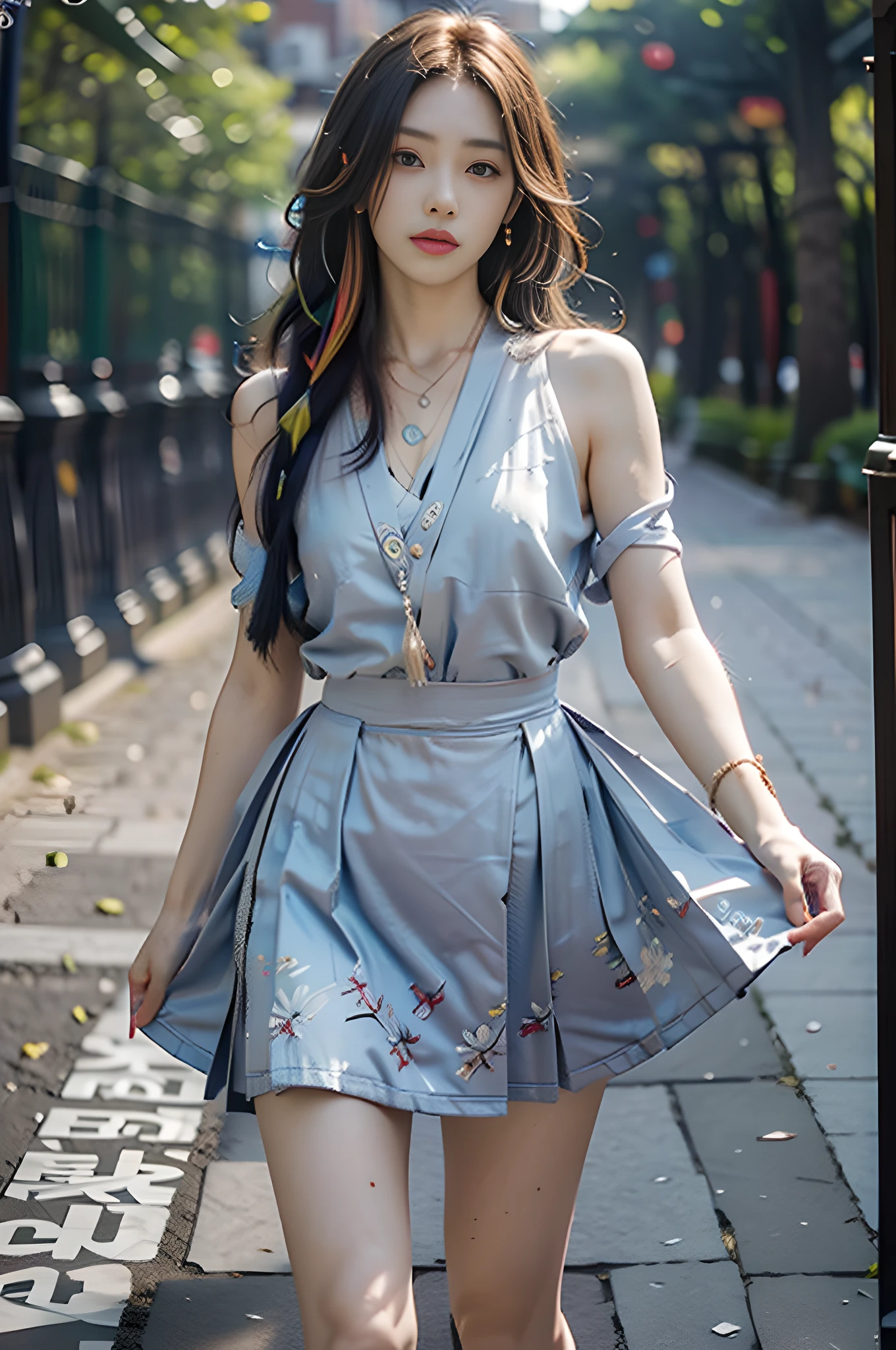 multicolored hair, uhd, retina, masterpiece, anatomically correct, textured skin, super detail, high detail, high quality, high quality, award-winning, best quality, high resolution, (realistic:1.7),((best quality)),absurdres,(ultra high res),(photorealistic:1.6),photorealistic,octane render,(hyperrealistic:1.2), (photorealistic face:1.2), (8k), (4k), (Masterpiece),(realistic skin texture)， a girl, standing on the street, daytime, skirt,heels, multicolored hair, chiaroscuro, depth of field, cinematic lighting, sony fe gm, ultra hd, retina, masterpiece, anatomically correct, textured skin, ultra detail, high detail, award-winning,