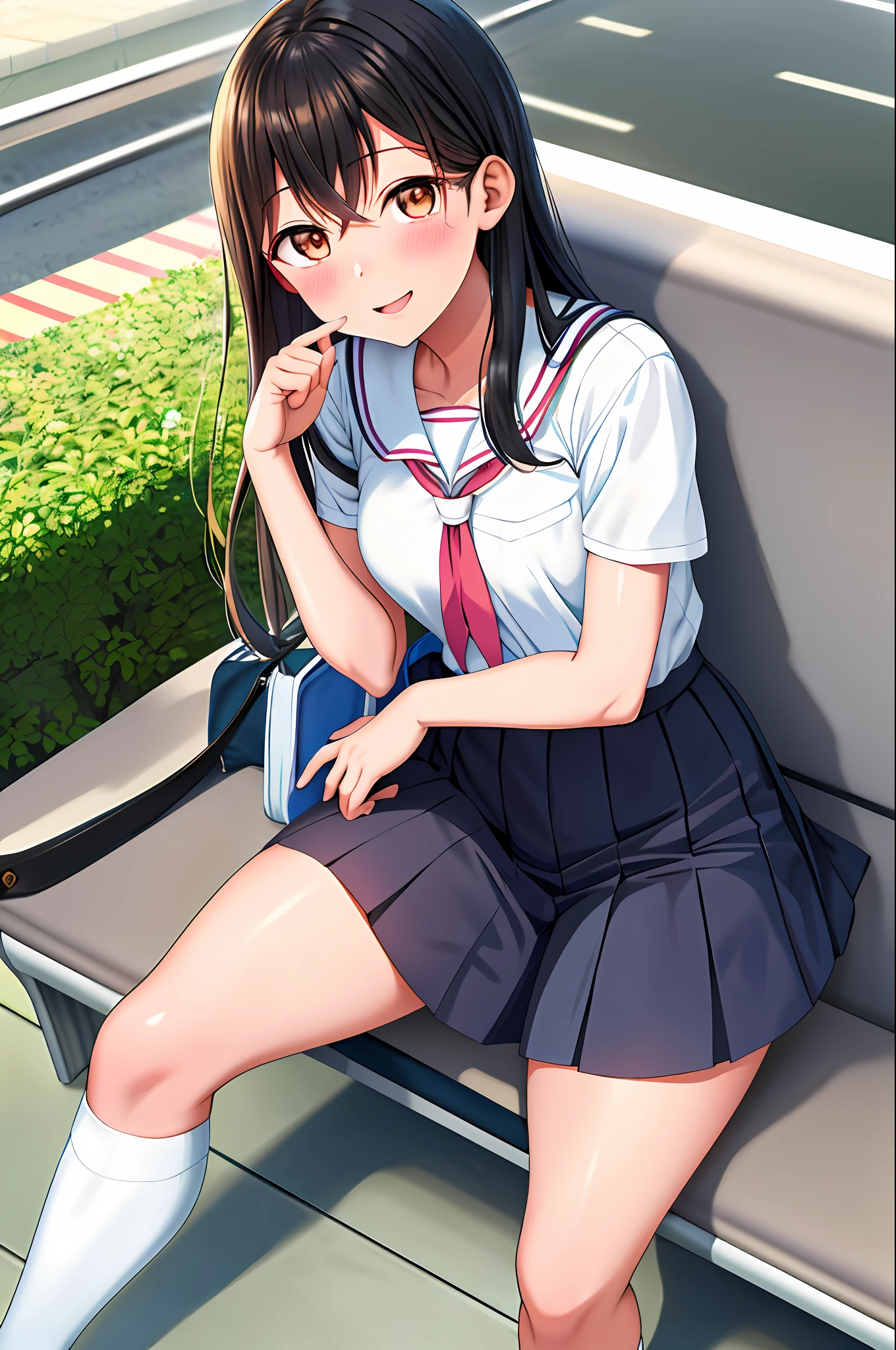 anime girl sitting on a train seat with her hand up, beautiful anime high school girl, nagatoro, a hyperrealistic schoolgirl, anime visual of a cute girl, cute anime girl, cute schoolgirl, young anime girl, hyperrealistic schoolgirl, realistic schoolgirl, anime moe artstyle, anime best girl, school girl, smooth anime cg art