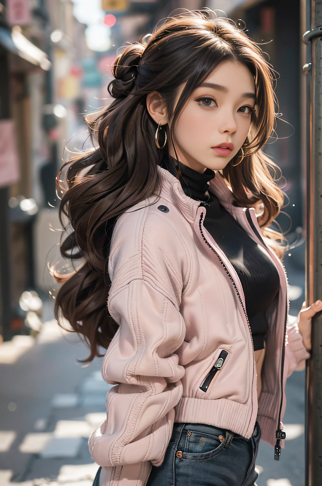 official art, masterpiece, (high definition:1.3), 1girl ,solo, gray puffer jacket, pink turtle neck sweater, black jeans, long wavy hair, brown hair, big round eyes, gray eyes, soft pink lips, hoop earrings, dark alley background, 18 years old , natural lighting, (3/4 body shot:1.6), standing, sam yang