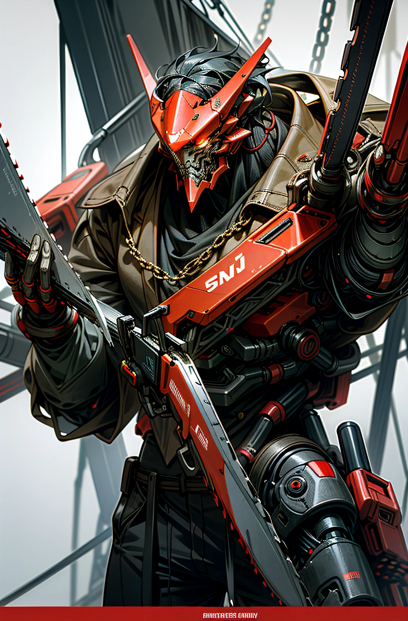 Dark_Fantasy,Cyberpunk,(chain saw,chain saw man,Red:1.1),1man,Mechanical marvel,Robotic presence,Cybernetic guardian,