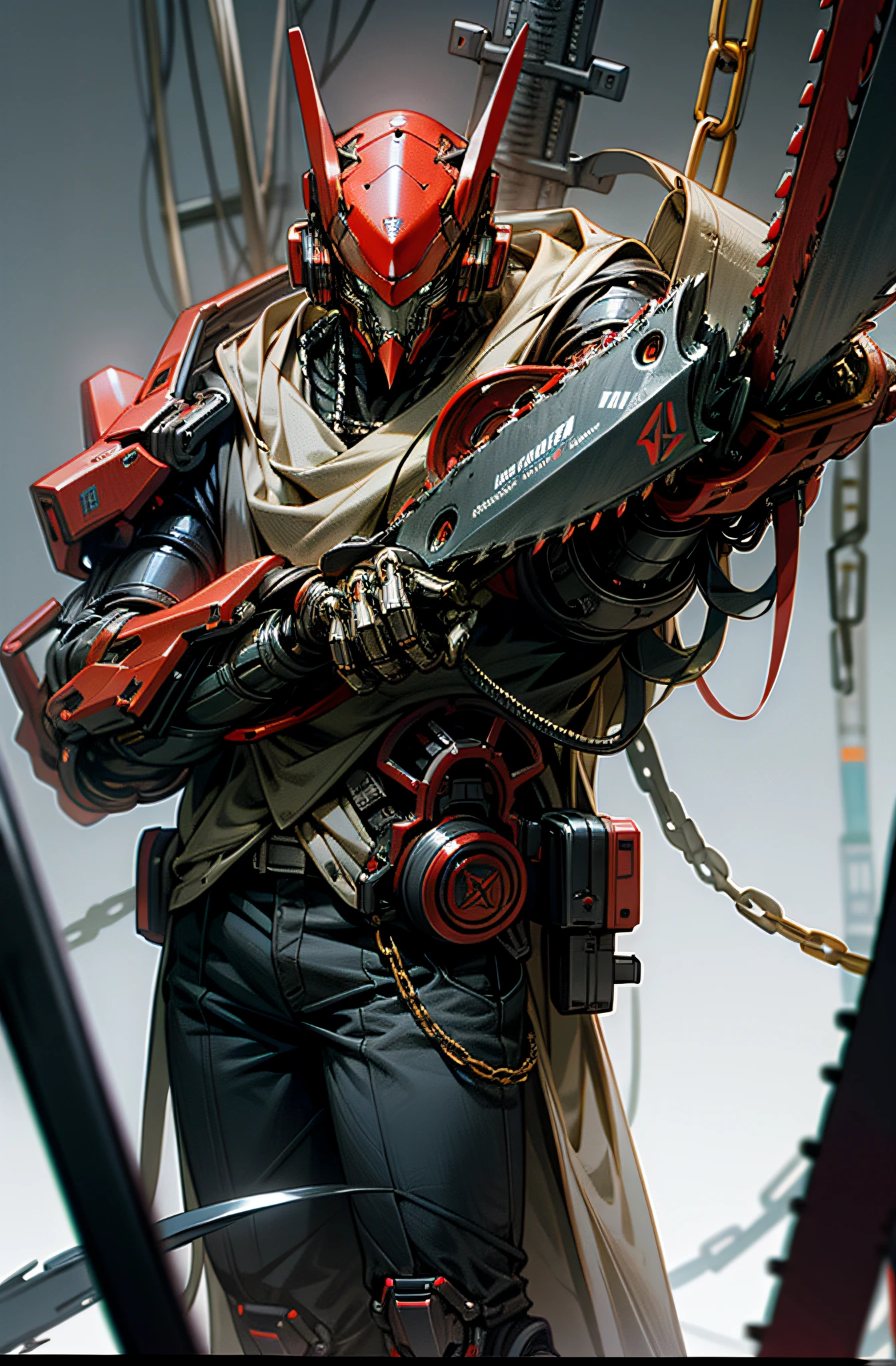 Dark_Fantasy,Cyberpunk,(chain saw,chain saw man,Red:1.1),1man,Mechanical marvel,Robotic presence,Cybernetic guardian,