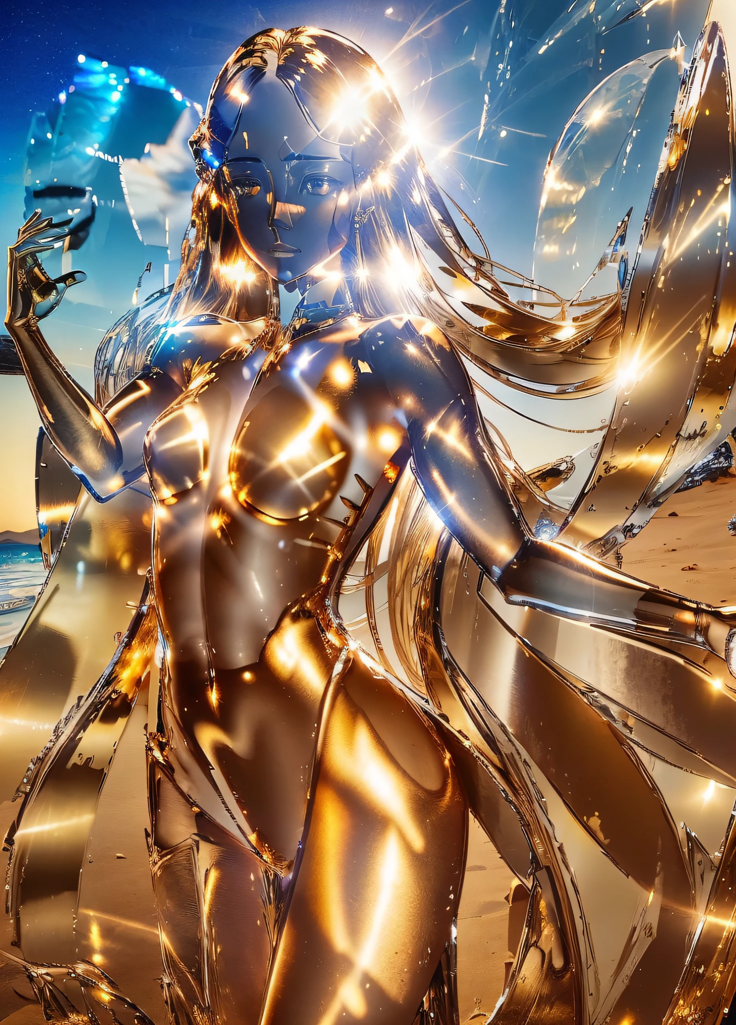 (((translucent, reflective, glass sculpture))), full shot body photo, illustration, cinematic light, fantasy, highest quality, best quality, masterpiece, (face fine), tall and sexy gold coin dress, crystal body, sparkling sandy beach, floating embers, golden hair jewelry, golden light reflecting the sun's rays, (focus on the body: 1.25), clear blue sky, desert and sea background, long curly hair, golden eyes magic energy release, dark reflection, light reflection --s2