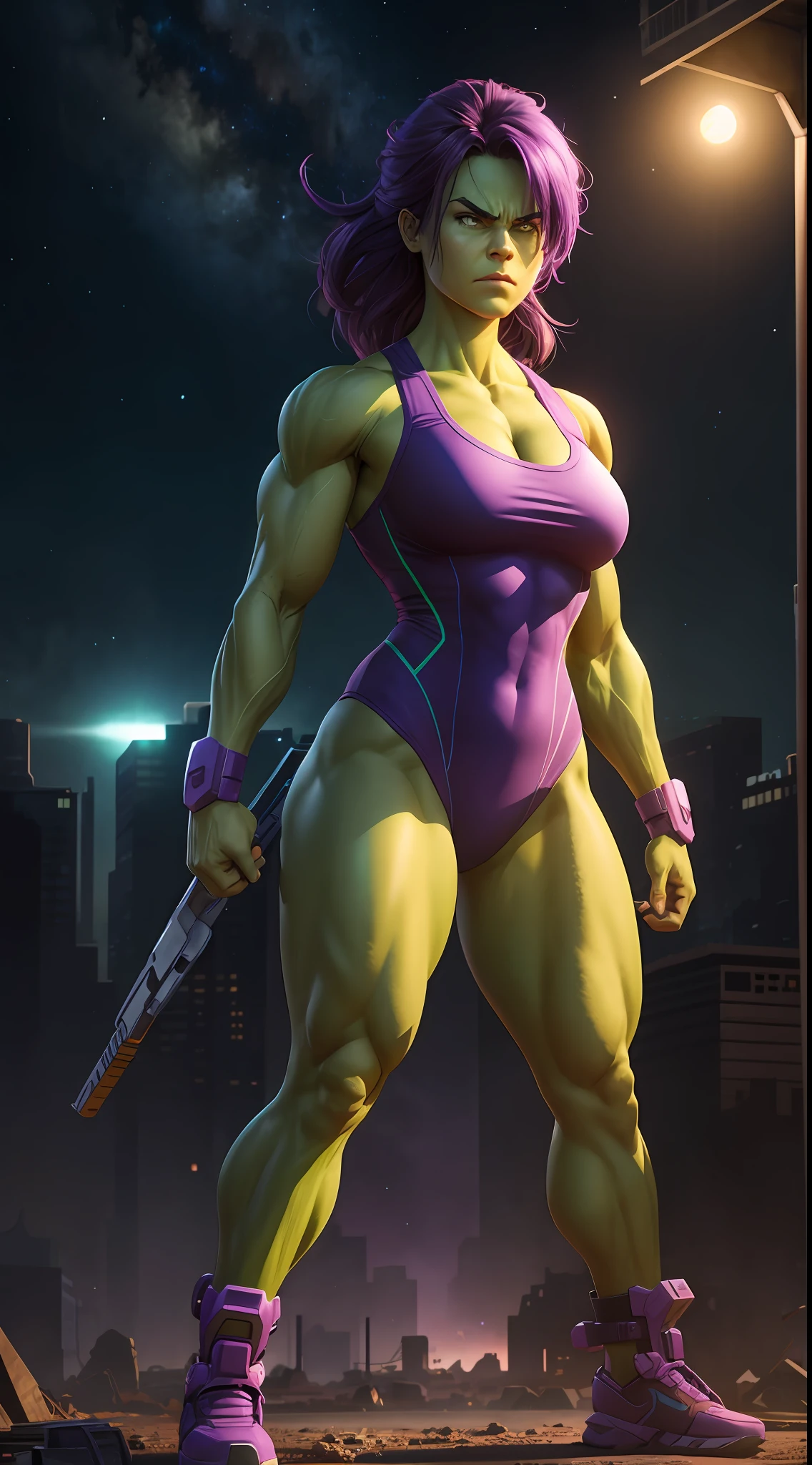 Female Hulk, cute face, serious face, hazel hair, wear purple leotard, standing, post apocalytic dessert, night time, colorful background, UHD, side lighting, ultra realistic, ray tracing, full body must be shown
