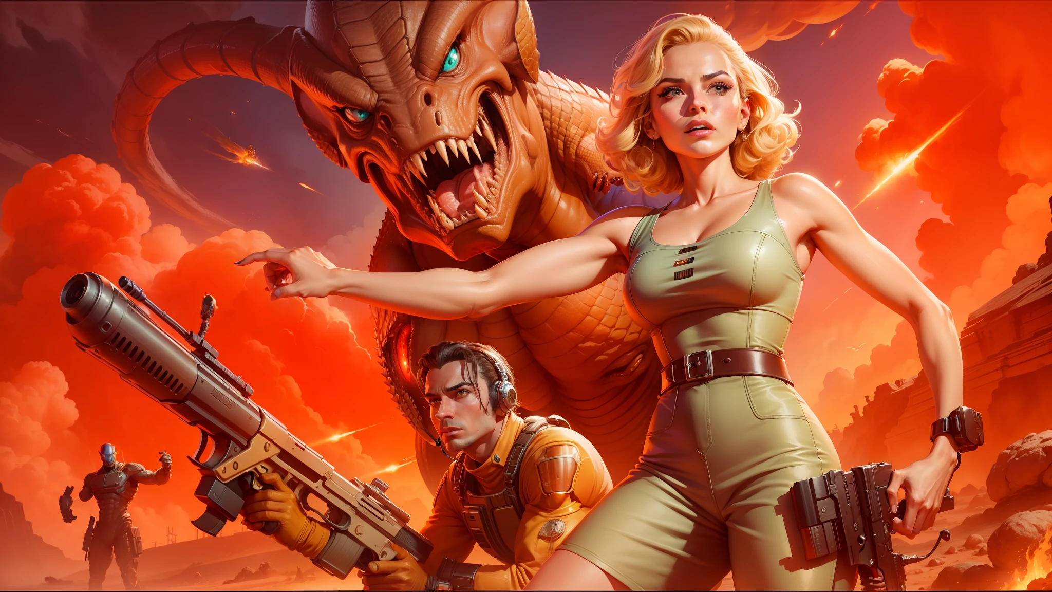 arafed image of a woman holding a gun and a man with a gun, retrofuturistic science fantasy, doom monster, golden age, extraterrestrials reach for him, masterful composition!!!, youtube thumbnail, greatest art ever made, epic propaganda poster, irradiated humans, hot reptile humanoid woman, sepia colors, blonde women, insanely compelling --auto --s2