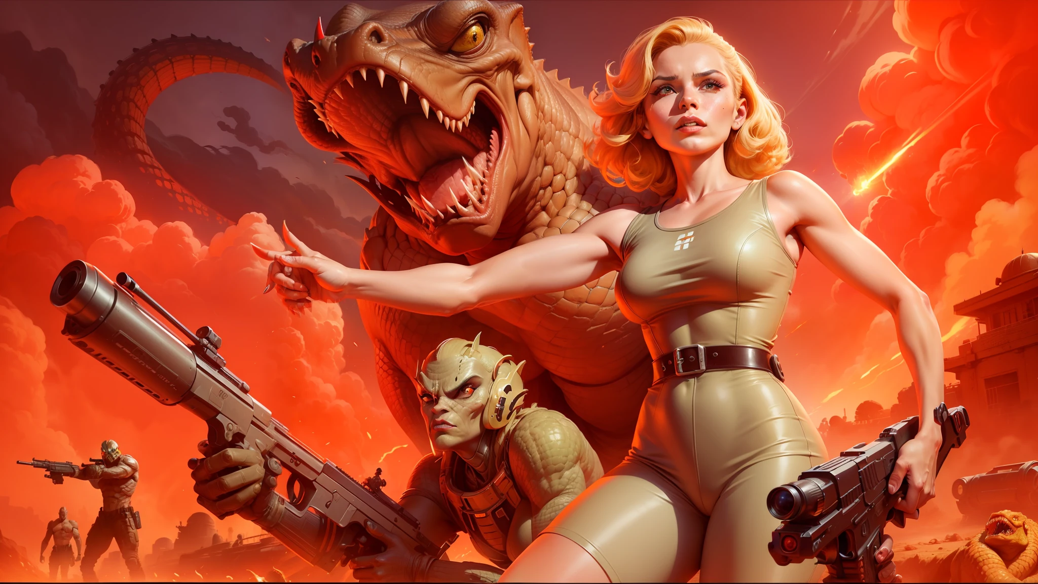 arafed image of a woman holding a gun and a man with a gun, retrofuturistic science fantasy, doom monster, golden age, extraterrestrials reach for him, masterful composition!!!, youtube thumbnail, greatest art ever made, epic propaganda poster, irradiated humans, hot reptile humanoid woman, sepia colors, blonde women, insanely compelling --auto --s2