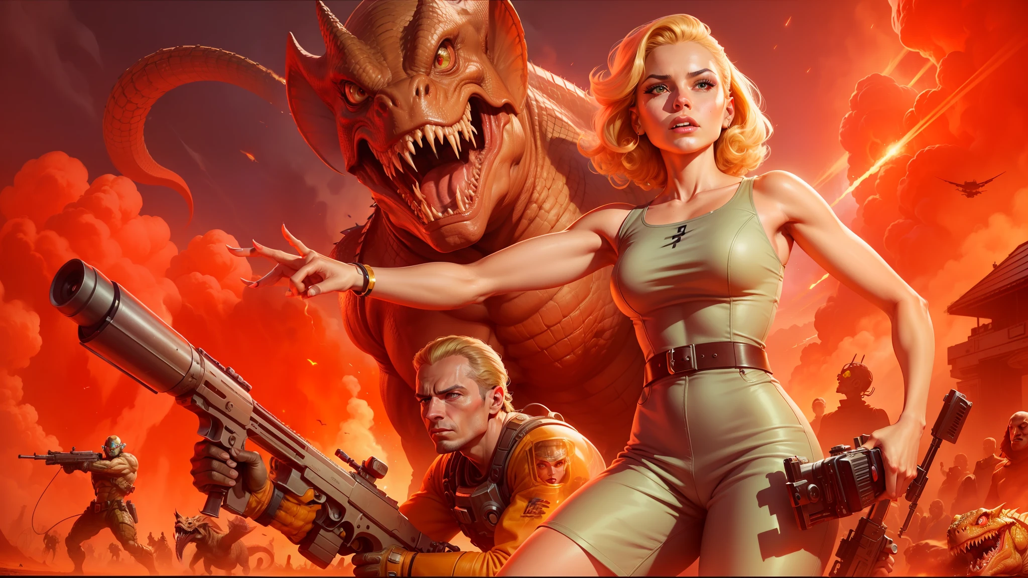 arafed image of a woman holding a gun and a man with a gun, retrofuturistic science fantasy, doom monster, golden age, extraterrestrials reach for him, masterful composition!!!, youtube thumbnail, greatest art ever made, epic propaganda poster, irradiated humans, hot reptile humanoid woman, sepia colors, blonde women, insanely compelling --auto --s2