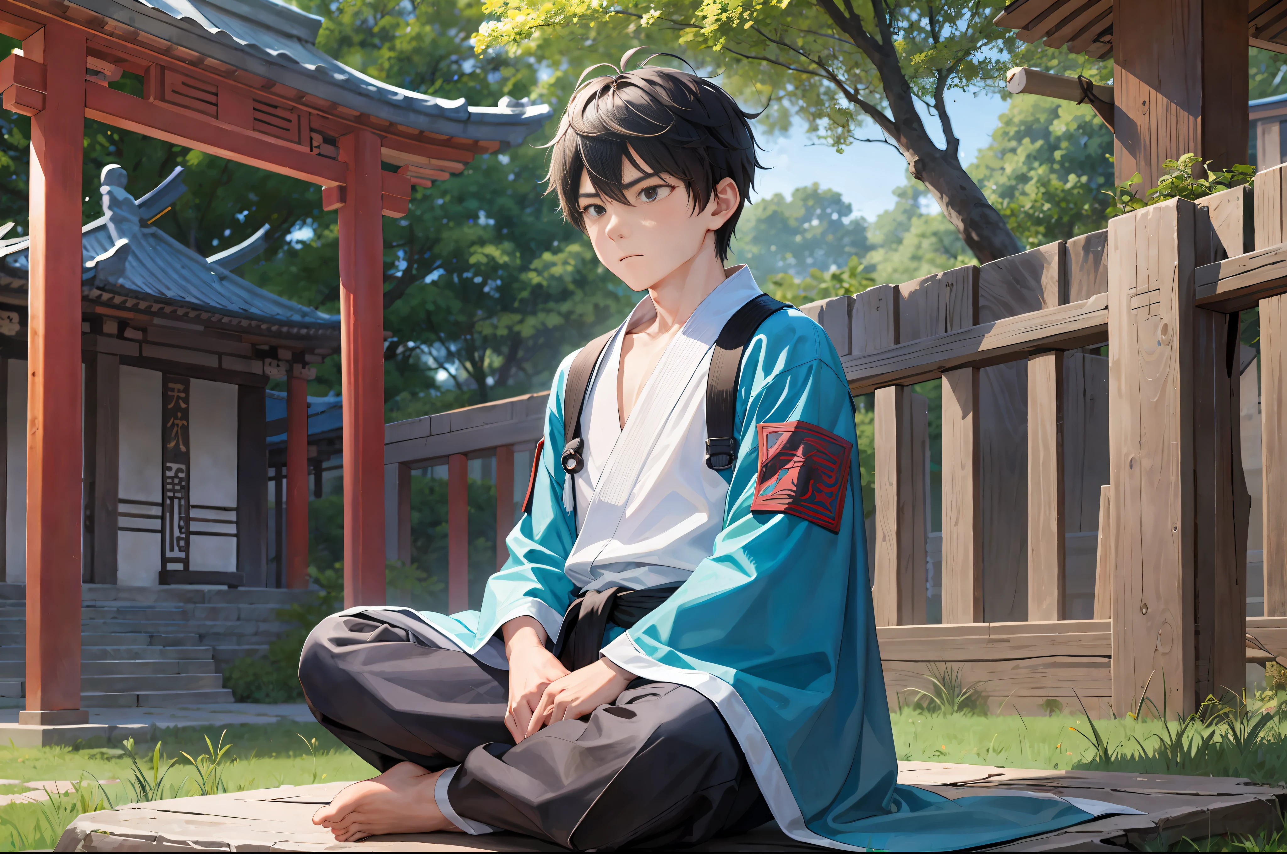 One boy, one 18 year old. Sitting cross-legged, cyan martial arts training robe, sitting cross-legged, outdoor, sitting on the altar, practicing, outdoor martial arts practice field, ancient Chinese style, martial arts style, sitting cross-legged, expression surprised, eyes open. With prominent and well-designed typographic elements.