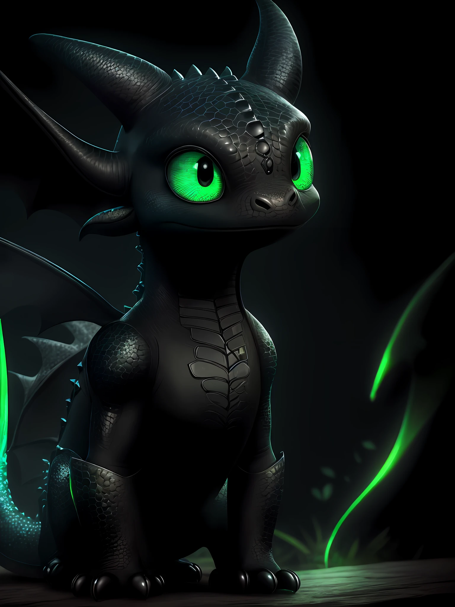 Baby dragon, cute two wide vibrant green eyes, love, tenderness, four legs, detailed realistic skin, dark black skin, detailed eye, dark leather body, smooth head, realistic lighting, wide head but smaller height, black body, two round black ears, how to train your dragon, standing, rect body
