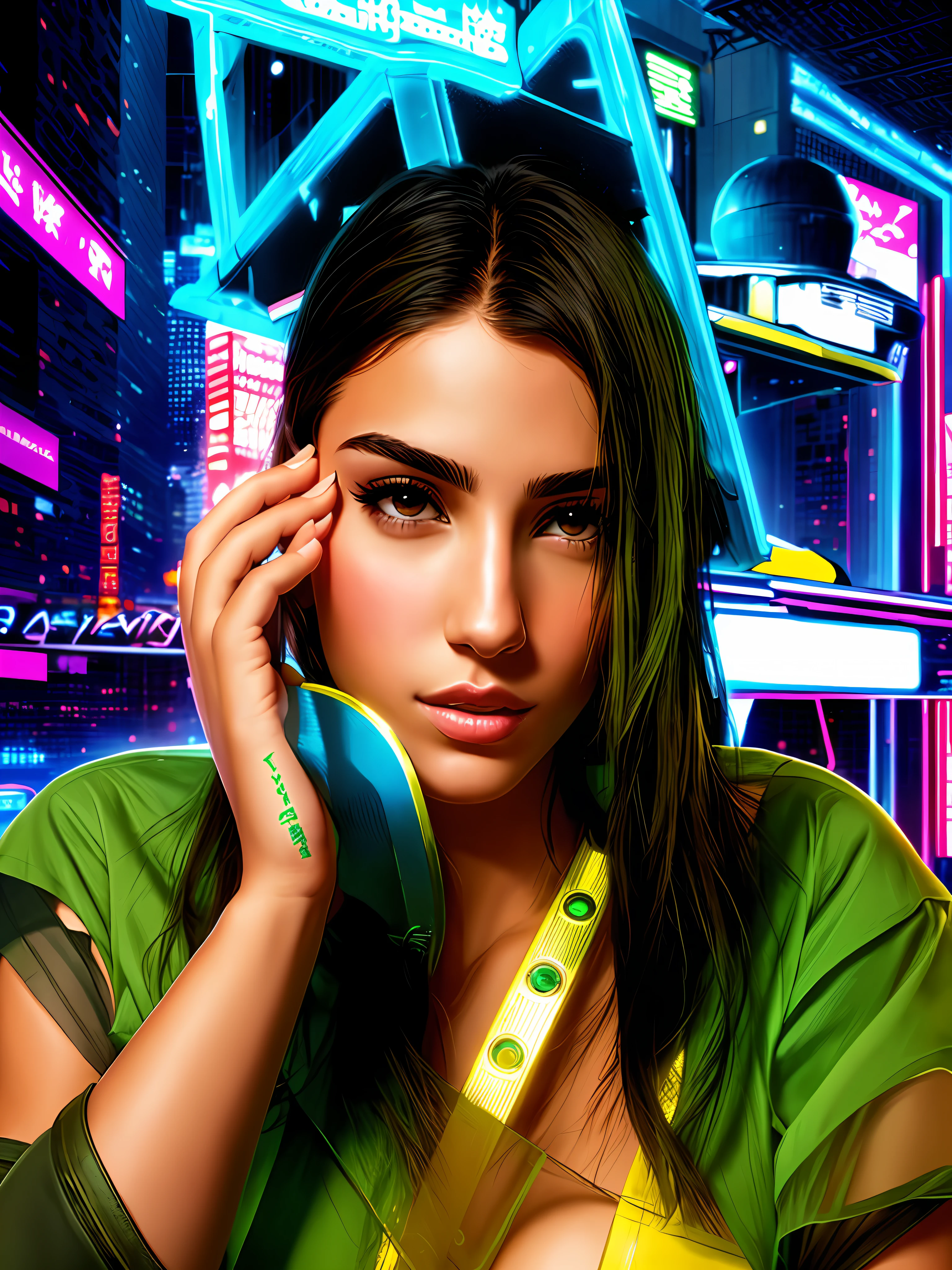 There is a flawless olive skin woman, gorgeous Latin face, anime style, cyberpunk --auto --s2
