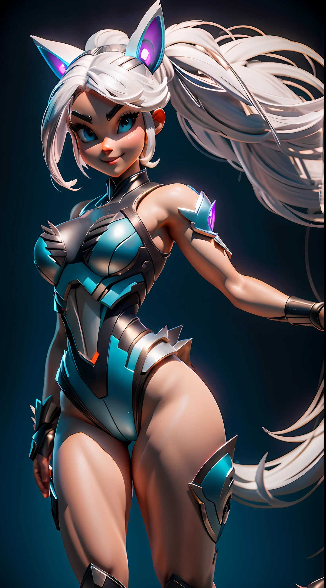 Sexy female wolf, full body, furry body, muscle body, white hair, split ponytail, halo, flower on head, aqua eyes, heart-shaped eyes, pointy ears, grin, crazy, Pixar, high detail, backlighting, ray tracing, depth of field, close-up, bokeh, Canon, UHD, high details, anatomically correct, super detail, 8k, best quality