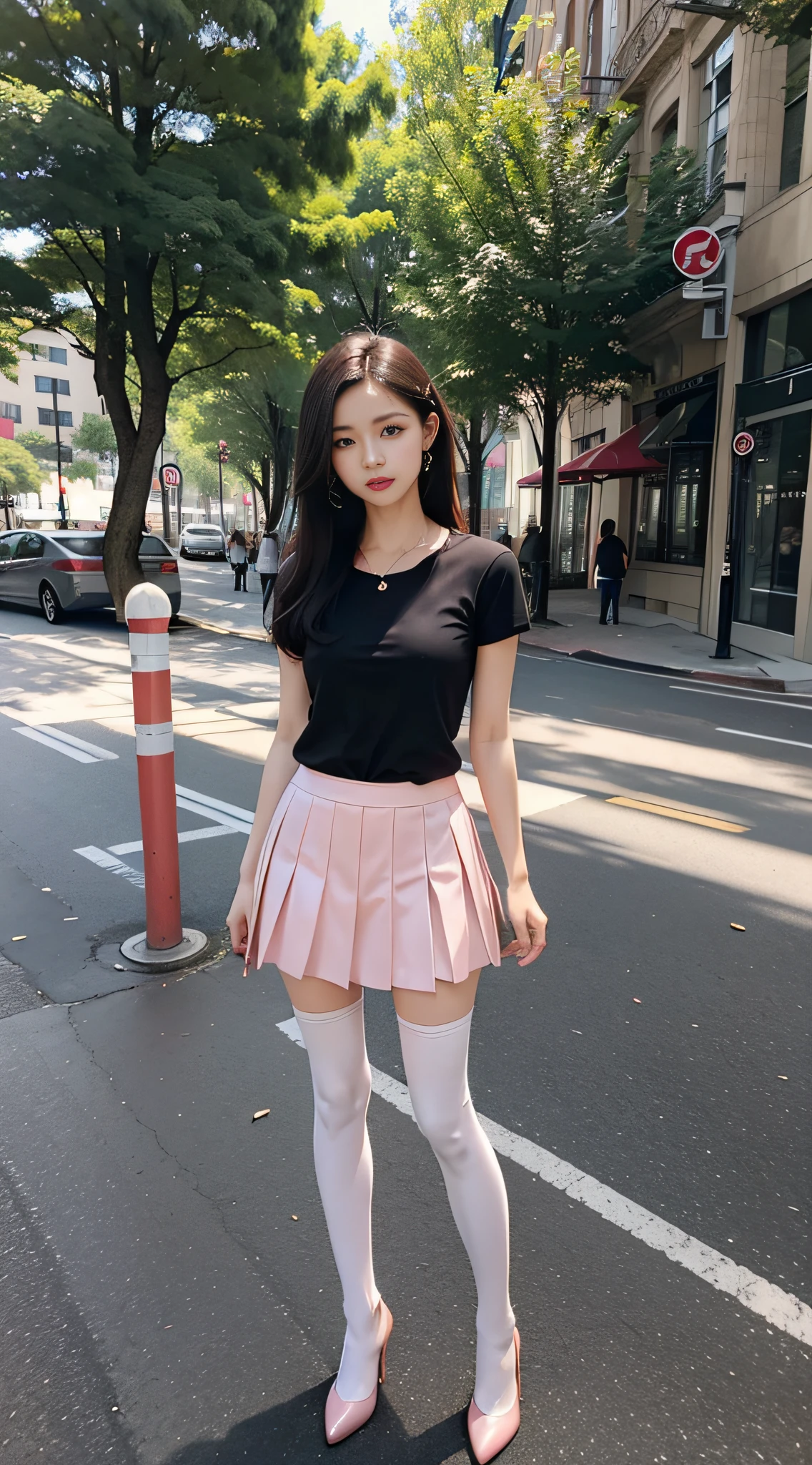 Best Quality, Full Body Portrait, Exquisite Face, Beautiful Face, Big Eyes: 1.1, Makeup: 1.2, 25 Years Old Woman, Slim Figure, Small Bust, White Shirt, Pink Hip Skirt, Black Stockings, Office, Outdoor Scene, Standing Posture