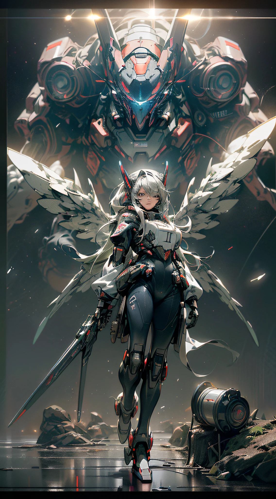 ((Best quality)), ((masterpiece), (highly detailed:1.3), 3D, pretty, (cyberpunk:1.2), in space, nebula, holding_weapon, (1Female mecha:1.3), very long silver hair, (Huge Tits: 1.4), Facing Viewer, Glowing Eyes, Full Body, (Flying, Dive Down, Dynamic, Motion Blur: 1.4), (Giant Mech Wings: 1.6), Looking Up, glowing_eyes, Mecha, Panorama, Blue Earth in the background, Nebula, Space, Particle, Reality, HDR (High Dynamic Range), Ray Tracing, NVIDIA RTX, Super Resolution, Unreal 5, Subsurface Scattering, PBR Textures, Post-processing, Anisotropic filtering, depth of field, maximum sharpness and sharpness, multi-layer textures, Albedo and Specular maps, Surface shading, Accurate simulation of light-material interactions, Perfect Proportions, Octane Render, Two-tone lighting, Large aperture, Low ISO, White balance, Rule of thirds, 8K RAW, High Efficiency Sub-Pixel, Subpixel Convolution,