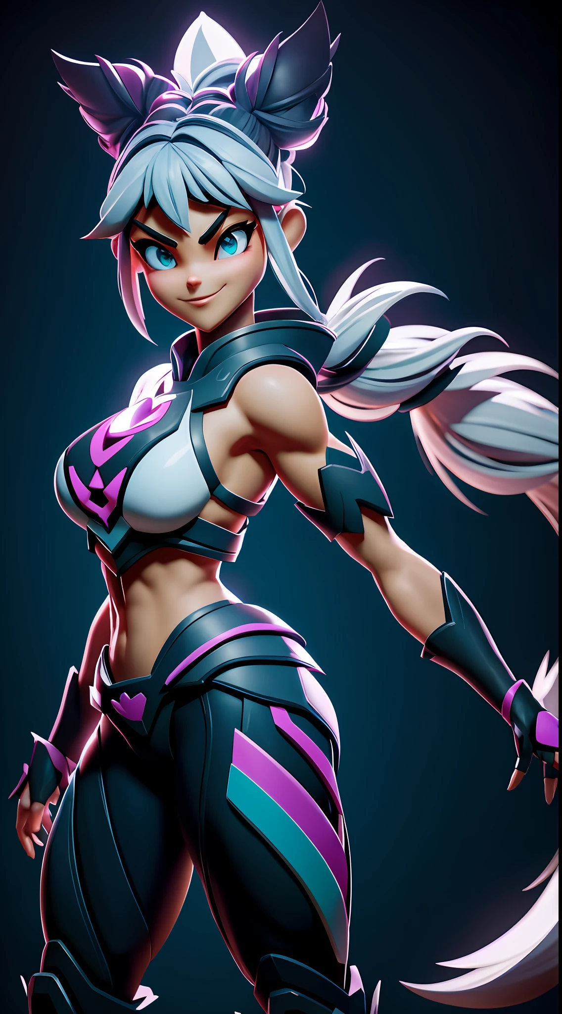Sexy female wolf, full body, furry body, muscle body, white hair, split ponytail, halo, flower on head, aqua eyes, heart-shaped eyes, pointy ears, grin, crazy, Pixar, high detail, backlighting, ray tracing, depth of field, close-up, bokeh, Canon, UHD, high details, anatomically correct, super detail, 8k, best quality