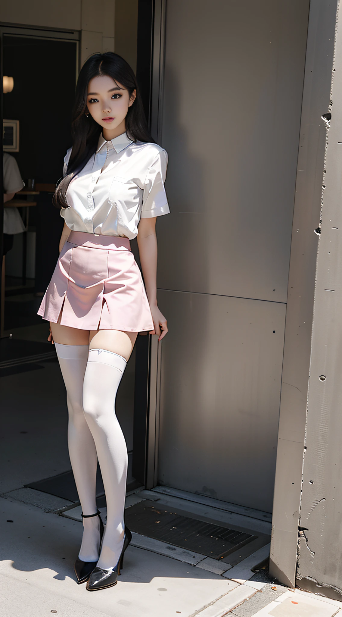 Best Quality, Full Body Portrait, Exquisite Face, Beautiful Face, Big Eyes: 1.1, Makeup: 1.2, 25 Years Old Woman, Slim Figure, Small Bust, White Shirt, Pink Hip Skirt, Black Stockings, Office, Outdoor Scene, Standing Posture