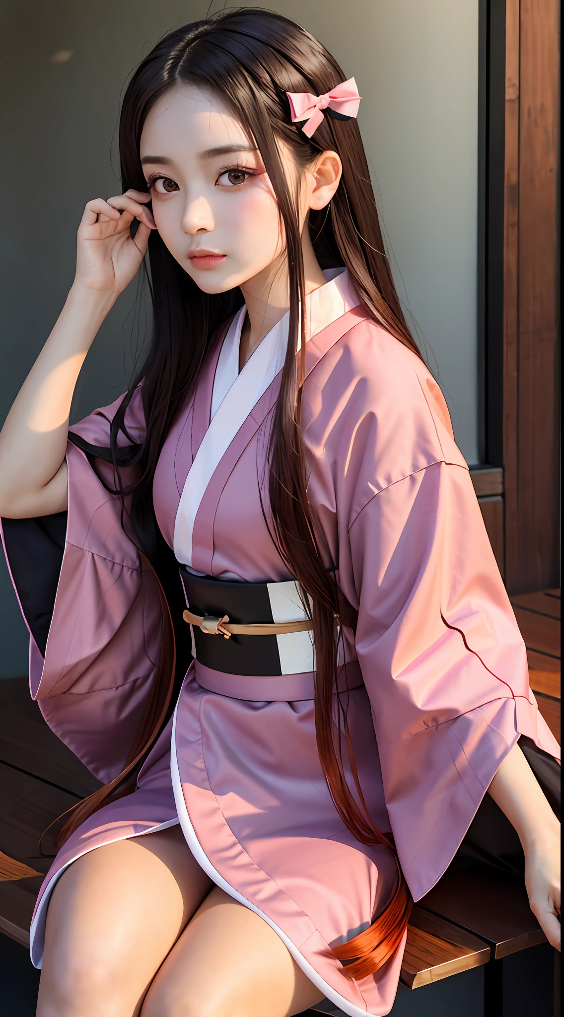 Masterpiece, Best Quality, High Resolution, venus1, 1girl, solo, Tsuko Kamato, Bamboo, bit gag, brown hair, checkered belt, gag, gradient hair, hair ribbon, haori, japanese clothes, kimono, long hair, looking at the audience, colorful hair, orange hair, pink eyes, pink kimono, pink ribbon, ribbon, solo, upper body, (((masterpiece)), frontal, sitting, cute, puffed cheeks, angry, wide eyes