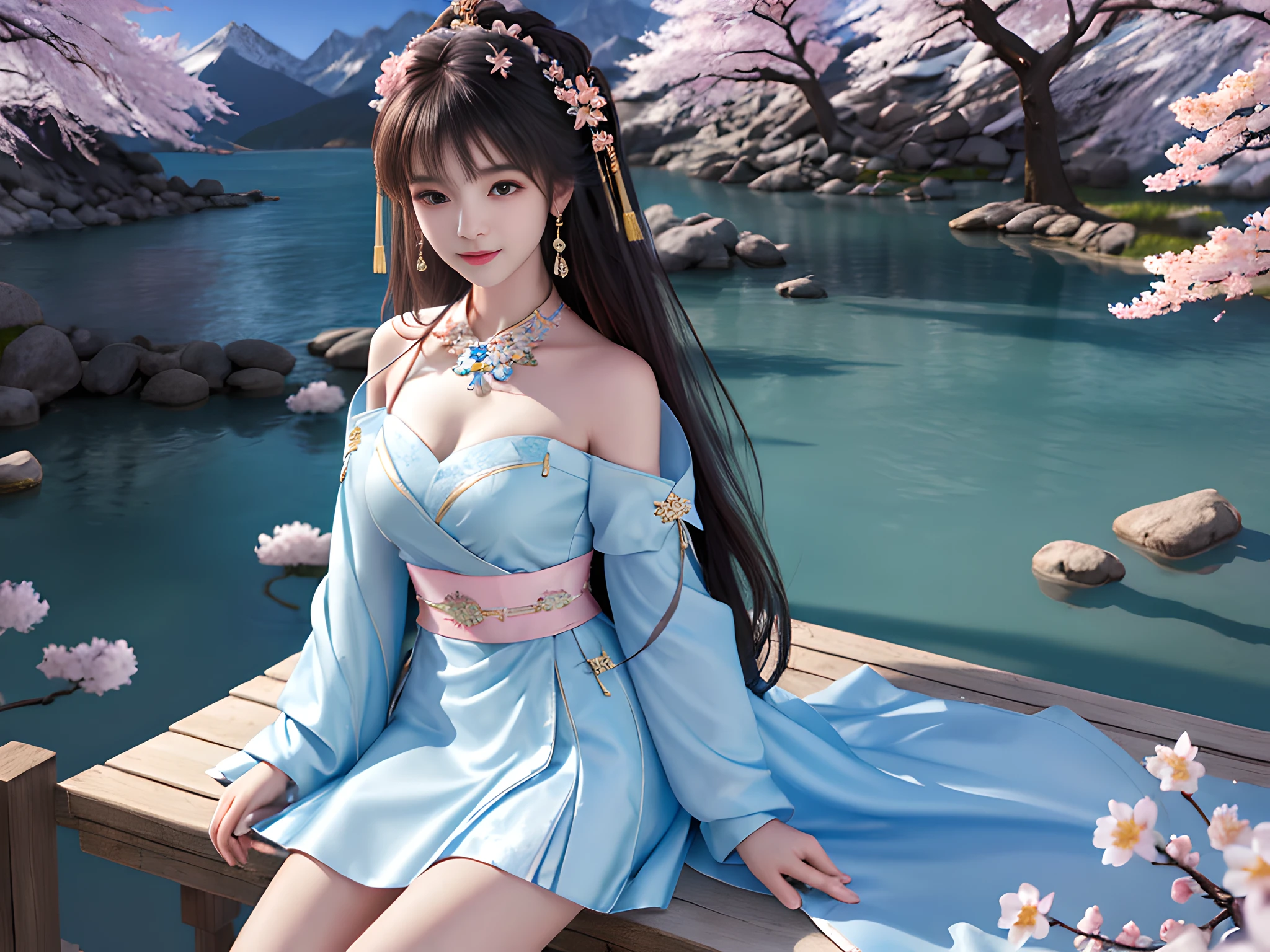 ((((a girl)))))),((solo)))))),(Best quality: 1.4), Masterpiece, High quality, High resolution, Excellent, Photo, 8k, wallpaper, very realistic realistic, sitting, (blush), star pupil, (realistic face), (high detail face), smile, healing smile, bright big eyes, delicate eyelashes, beautiful face, beautiful and delicate face, (high detail skin: 1.2), Chinese Ming dynasty Hanfu, (light blue dress ), short skirt,), (medium chest), (bandeau), (cleavage)), leaky shoulders, leaky legs, ribbons, (long hair), (bangs), (hair accessories), jewelry, necklaces, jewelry, beauty, light sense, ((mountain), (lake), (cherry blossoms)), high detail background, 8k uhd, SLR, soft light, high quality, volumetric lighting, sneak peek, photo, high resolution, 4k