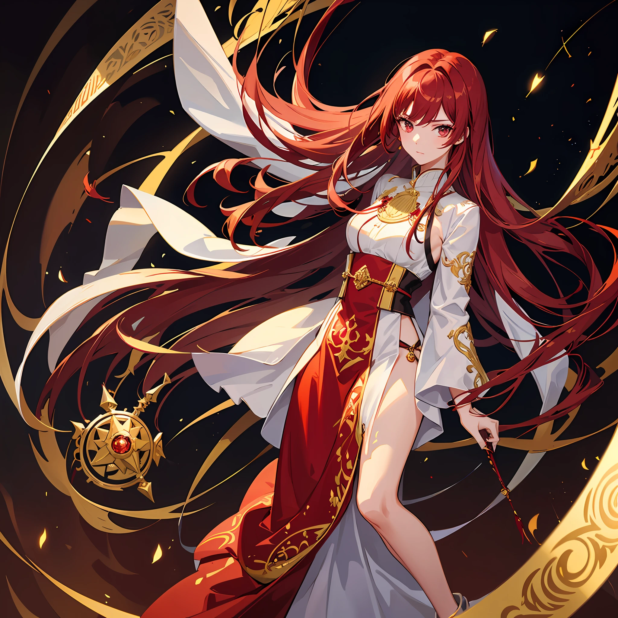 Create a picture of a 21-year-old anime woman with long, flowing red hair. She is wearing clothing inspired by imperial style, with elegant and luxurious elements. The outfit can be an elegant dress with gold embroidery details or a flowing robe with royal accents. Her face exudes a determined and confident demeanor, with sharp and serious eyes. Capture a strong aura that highlights her leadership through this picture. Show that she is a powerful figure, radiating unmatched grace.