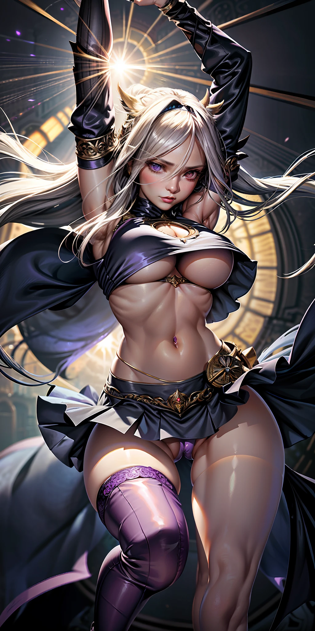 realistic, 1girl, waist long white hair, large breasts, (elven:0.4), purple eyes, detailed iris, glowing eyes, crop top, skirt, parted lips, (flipping crop top:1.5), flipping skirt, blush, night, sun, sunlight, (underboob:1.5), while jumping, (legs apart:1.5) (cameltoe:1.4), view frm below,