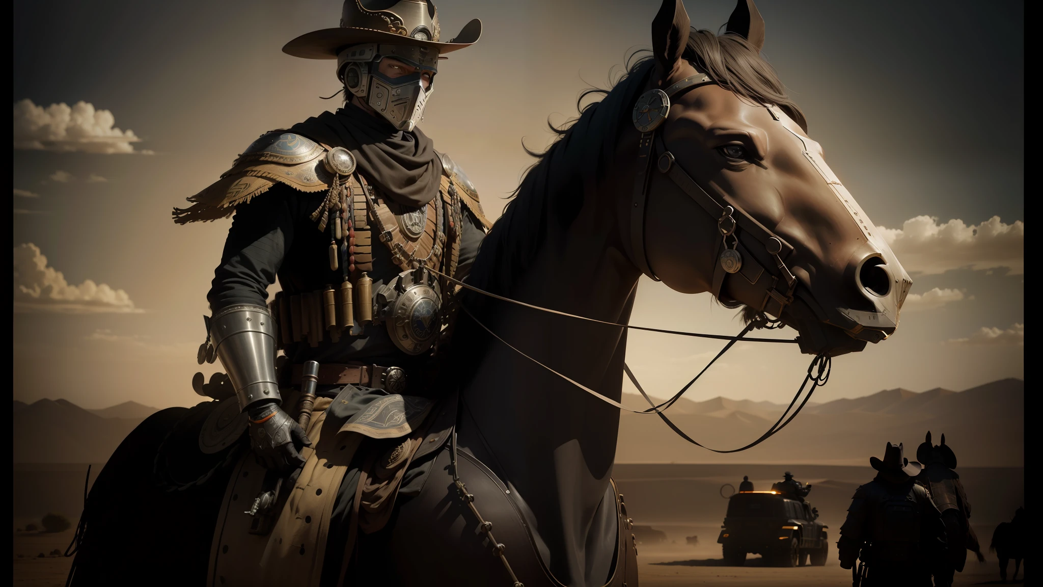 there is a robot in a cowboy hat and suit riding a horse, movie still of the aztec cyborg, special ops mask, cinematic diffused lighting, the king in the desert, movie image, ornate cosplay, portholes, bandit mask, yasuke models of 5 0 0 px --auto --s2