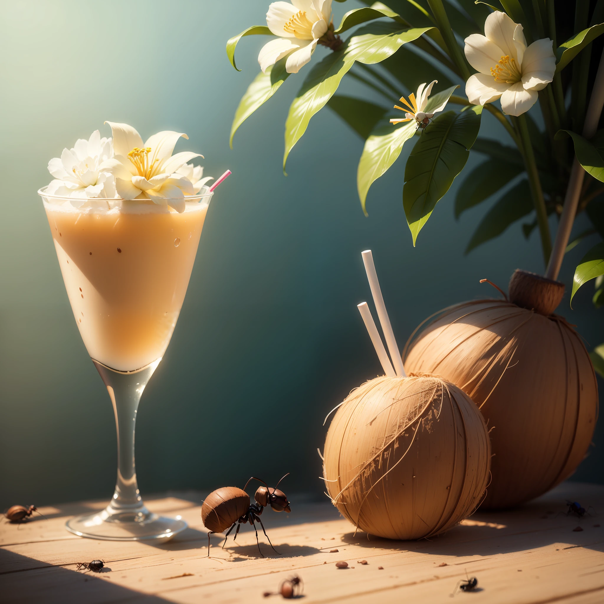 coconut like with a straw in it and an ant walking on the straw, some flower, aesthetics, variation