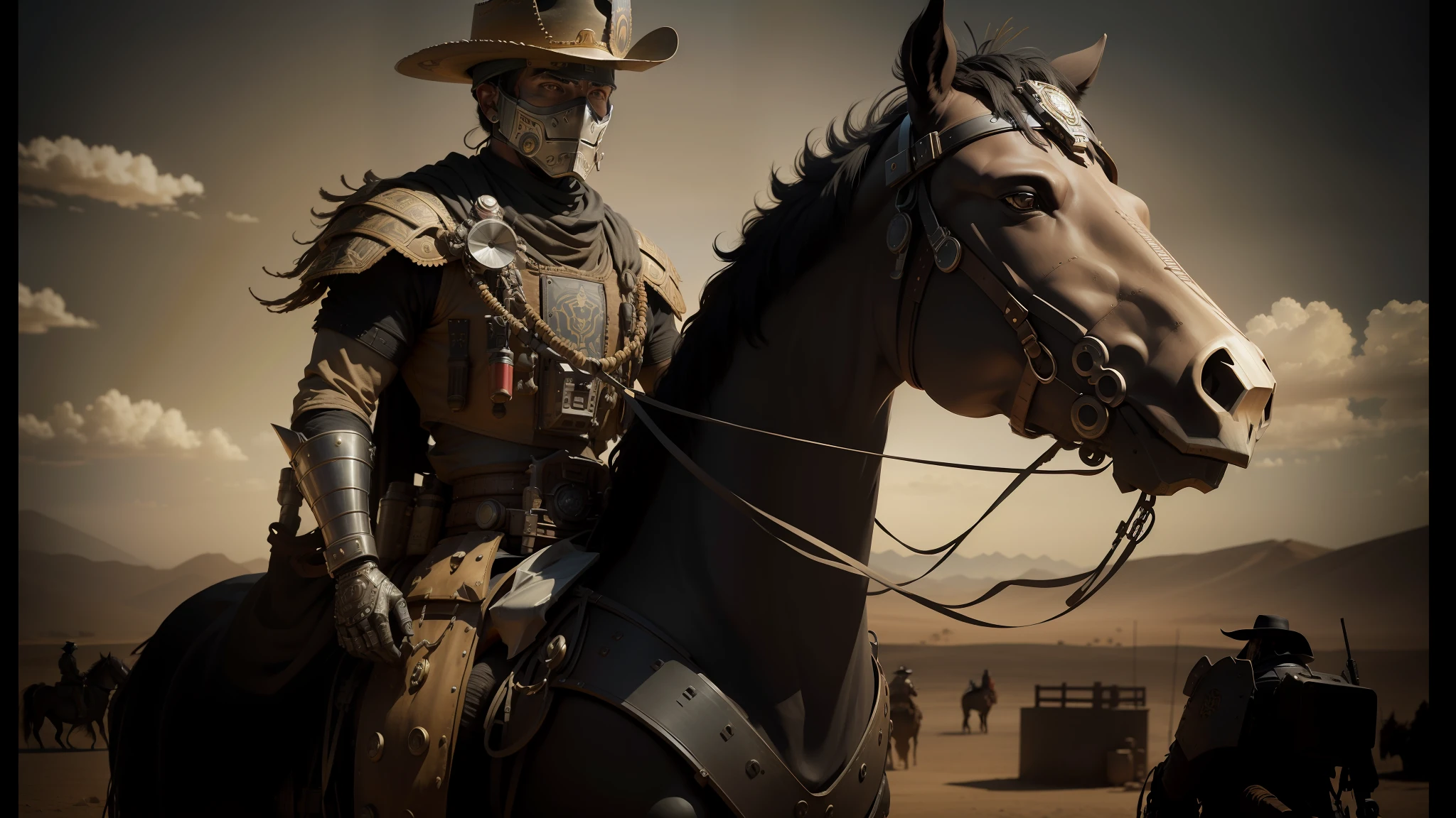 there is a robot in a cowboy hat and suit riding a horse, movie still of the aztec cyborg, special ops mask, cinematic diffused lighting, the king in the desert, movie image, ornate cosplay, portholes, bandit mask, yasuke models of 5 0 0 px --auto --s2