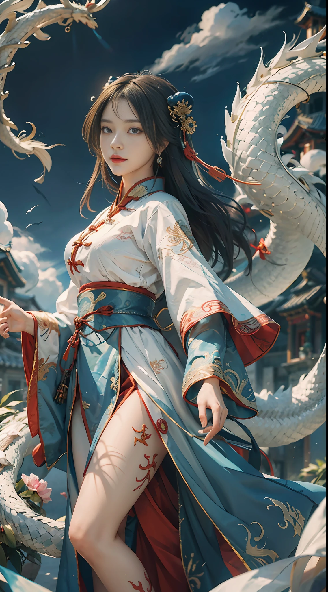 Best quality, masterpiece, illustration, very detailed, 1 girl, 1 white Chinese dragon as background, beautiful and detailed girl, very detailed eyes and face, light on face, movie lighting, looking at the audience, rainbow candy, smile, full body, full_body shot, (from the front: 1.2), (((majestic))), floating, blue sky, stone, blue sky, Chinese dragon, glowing blue, clouds, traditional Chinese elements, Chinese red, traditional Chinese hair accessories, elegant hair, floating ribbon, martial cloak, shu style, (martial arts: 1.2), hanfu
