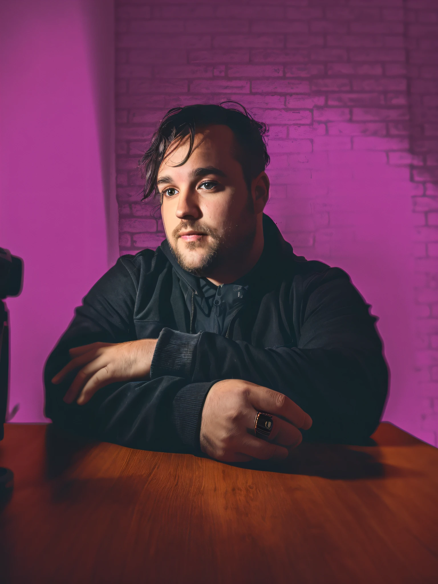 there is a man sitting at a table with a camera, kyle hotz, photo from a promo shoot, portrait shot 8 k, promotional shot, mid shot portrait, paul davey, a portrait of @hypnos_onc, matt mute colour background, inspired by Kyle Lambert, detailed portrait shot, promo shot, color portrait, rhys lee, promo shoot, high res