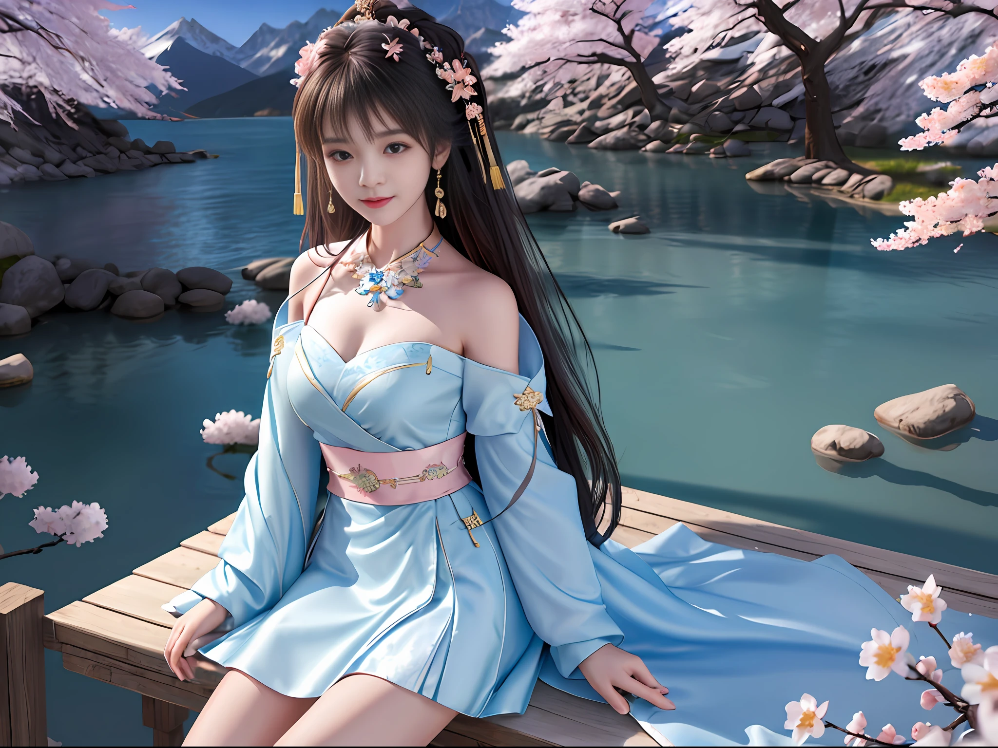 ((((a girl)))))),((solo)))))),(Best quality: 1.4), Masterpiece, High quality, High resolution, Excellent, Photo, 8k, wallpaper, very realistic realistic, sitting, (blush), star pupil, (realistic face), (high detail face), smile, healing smile, bright big eyes, delicate eyelashes, beautiful face, beautiful and delicate face, (high detail skin: 1.2), Chinese Ming dynasty Hanfu, (light blue dress ), short skirt,), (medium chest), (bandeau), (cleavage)), leaky shoulders, leaky legs, ribbons, (long hair), (bangs), (hair accessories), jewelry, necklaces, jewelry, beauty, light sense, ((mountain), (lake), (cherry blossoms)), high detail background, 8k uhd, SLR, soft light, high quality, volumetric lighting, sneak peek, photo, high resolution, 4k
