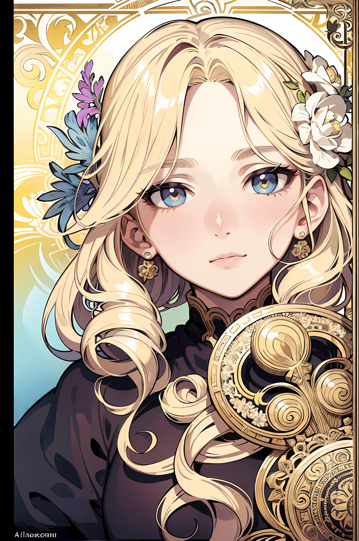 European woman's face portrait, long curly hair, blonde, flower frame, decorative panel, abstract art, by Alphonse Mucha (masterpiece, highest quality, high resolution: 1.4), detailed, intricate details, 4K, color splash, line art, Fibonacci, in underwear