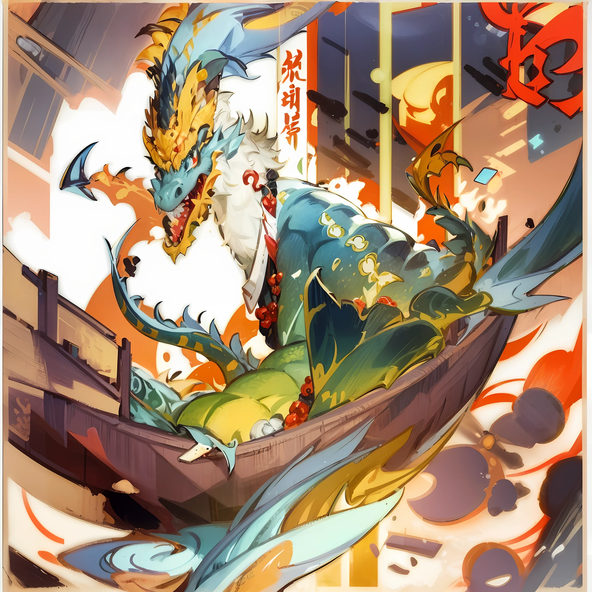 there is a poster with a cartoon of a dragon and people in a boat, poster illustration, poster design, illustrated poster, festival, a beautiful artwork illustration, ๐๐๐โบ๐๐๐, yellow dragon head festival, trending on cgstation, poster, ไธญ ๅ
่, promotional poster, digital illustration poster, food advertisement, 5 d