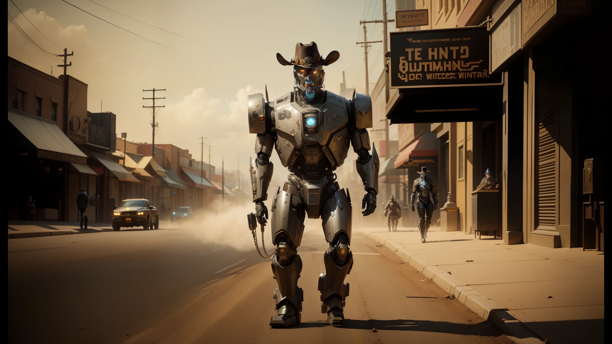 there's a steampunk robot in a suit and cowboy hat walking down the street, mechanical armor, cinematic style photography, cyborg necromancer, cinematic still from westworld, # mecha, midday, symmetrical armor, wild west city, anthropomorphic _ humanoid, duel , as titan, alan jackson, calamity --auto --s2