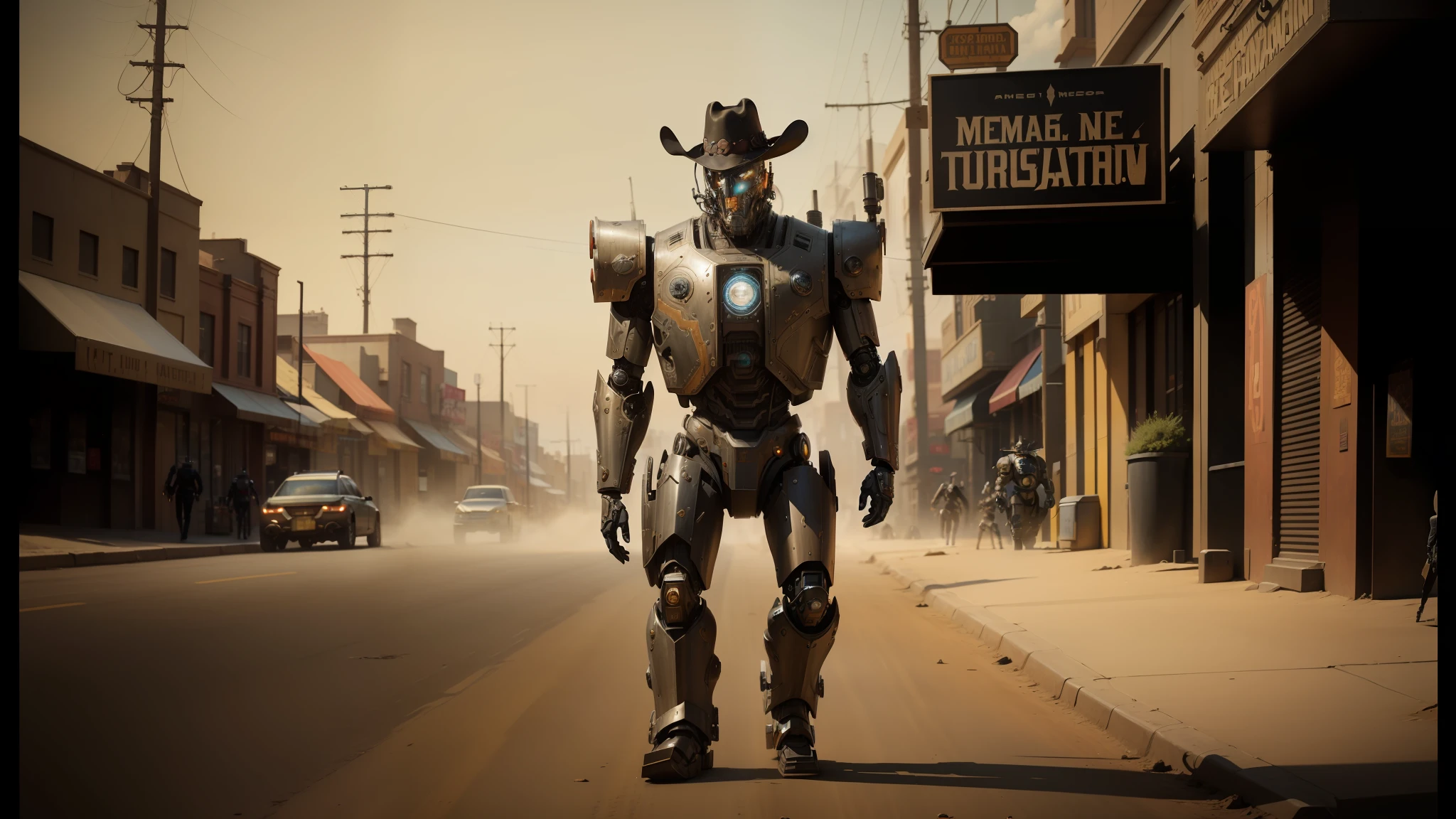 there's a steampunk robot in a suit and cowboy hat walking down the street, mechanical armor, cinematic style photography, cyborg necromancer, cinematic still from westworld, # mecha, midday, symmetrical armor, wild west city, anthropomorphic _ humanoid, duel , as titan, alan jackson, calamity --auto --s2