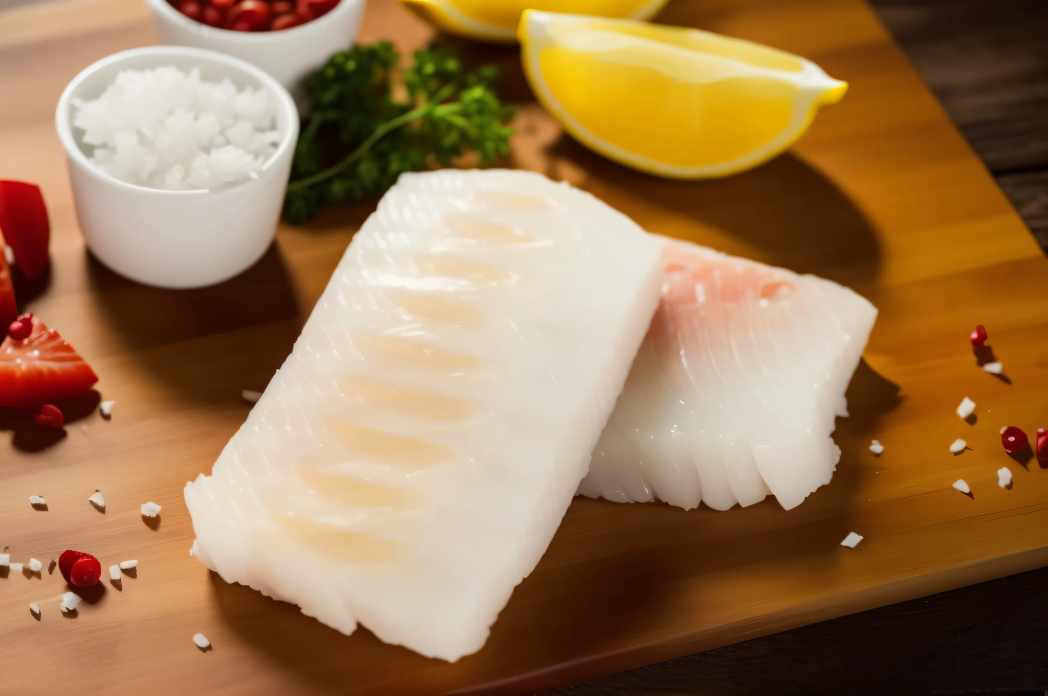 there are two fish fillets on a cutting board with some lemons, high quality!!!!!, cod, filleting technique, extremly high quality, half fish, crisp and sharp, yum, with a whitish, easy, incredibly detailed atlantic cod, realistic depth, fish tail, ray, rays, professional, voluminous, spectacular quality, best quality