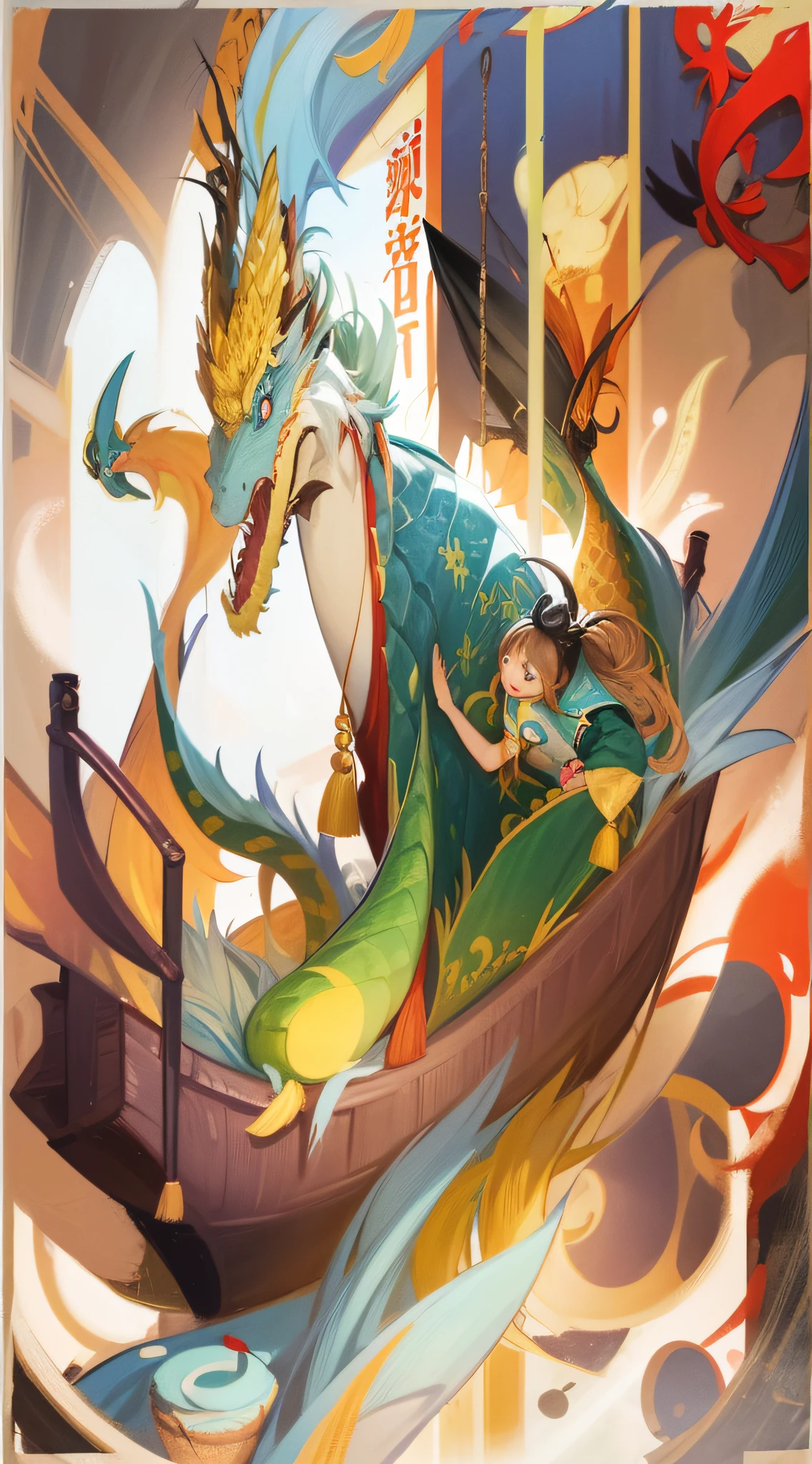 there is a poster with a cartoon of a dragon and people in a boat, poster illustration, poster design, illustrated poster, festival, a beautiful artwork illustration, 😃😀😄☺🙃😉😗, yellow dragon head festival, trending on cgstation, poster, 中 元 节, promotional poster, digital illustration poster, food advertisement, 5 d