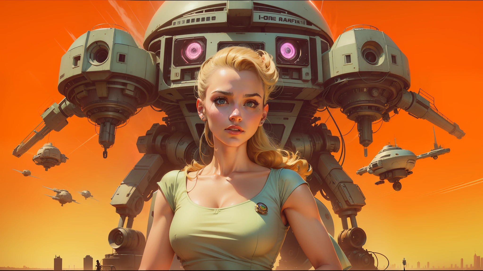 arafed image of a woman in a dress standing in front of a robot, a retropunk naturewave defender, american realist style, blonde girl in a cosmic dress, cinemascope, pin-up poster girl, megastructure in the background, shirt art, holy cyborg necromancer girl, 50s, widescreen shot, mark simonetti --auto --s2