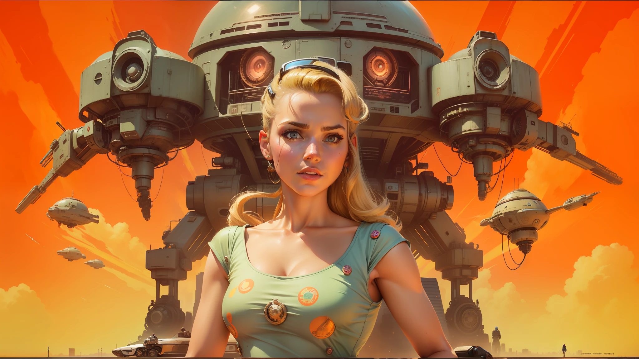 arafed image of a woman in a dress standing in front of a robot, a retropunk naturewave defender, american realist style, blonde girl in a cosmic dress, cinemascope, pin-up poster girl, megastructure in the background, shirt art, holy cyborg necromancer girl, 50s, widescreen shot, mark simonetti --auto --s2