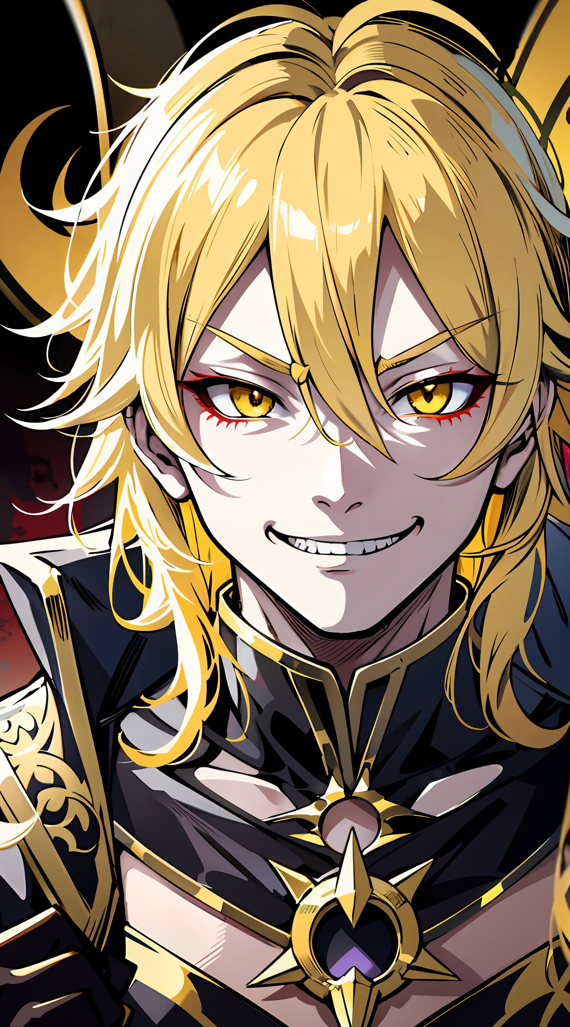 Aether genshin impact, gold silver hair, yellow eyes, Evil smile, blood on face, feeling joy, psychopathic smirk, psychopathic smile, psychopathic grin