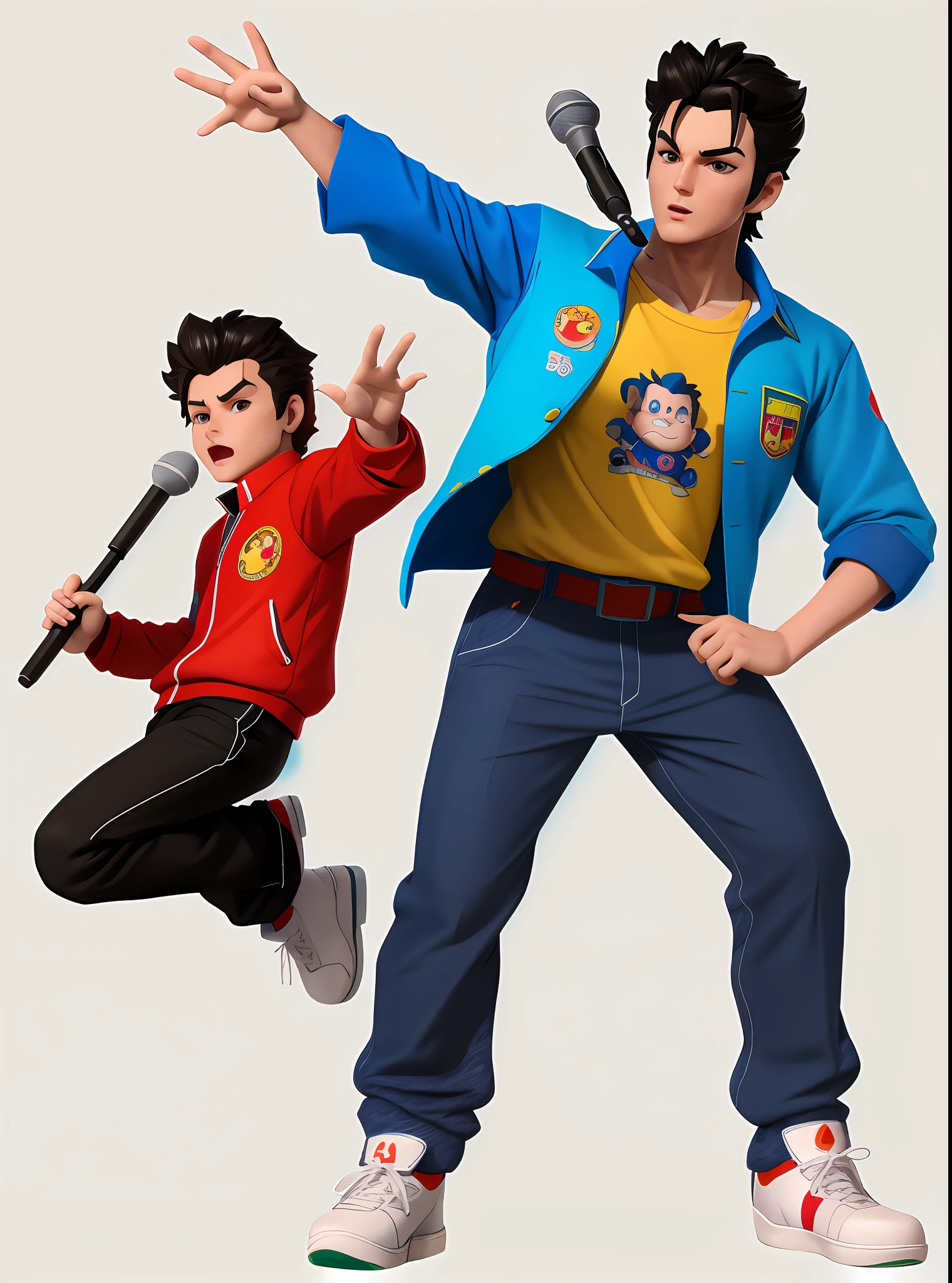 there is a toy figure of a boy with a microphone, 3d model of a japanese mascot, 3 d render of jerma 9 8 5, hirohiko araki style, octan render, single character full body, inspired by Miyamoto, anime elvis presley, full body single character, animation character, official artwork, anime styled 3d, frostbite 3 rendered