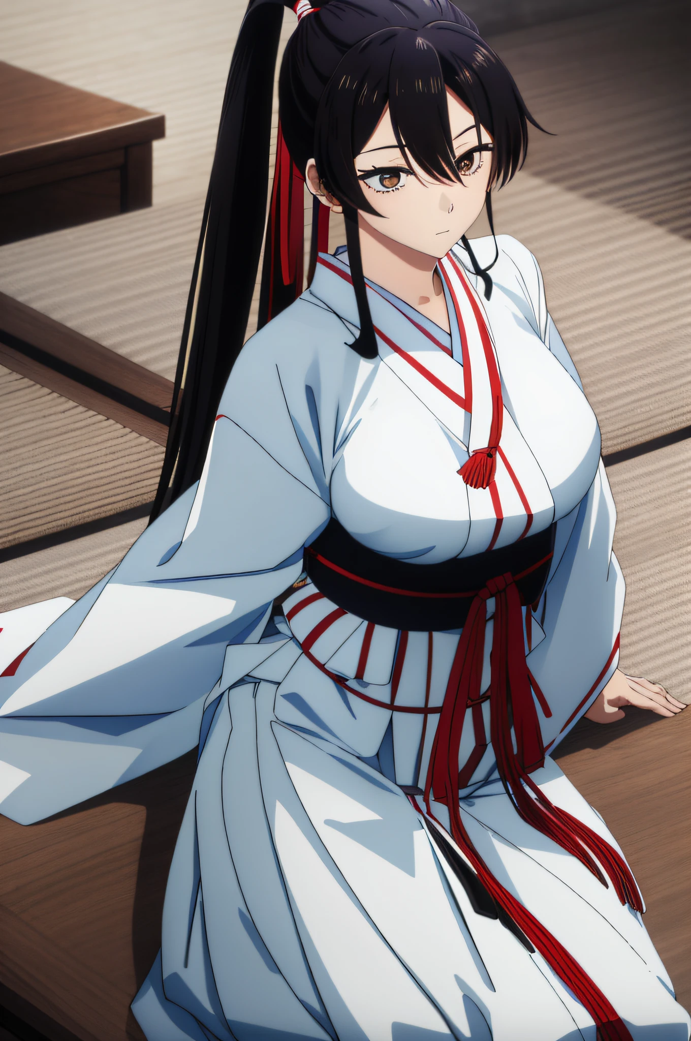 (masterpiece), (best quality), asaemon_sagiri, 1girl, solo, long_hair, sexy posture, breasts out, heavy breathing, looking_at_viewer, black_hair, hair_between_eyes, brown_eyes, upper_body, ponytail, sidelocks, japanese_clothes, kimono, big breasts,underwear high_ponytail, white kimono with open breasts, black haori, bed