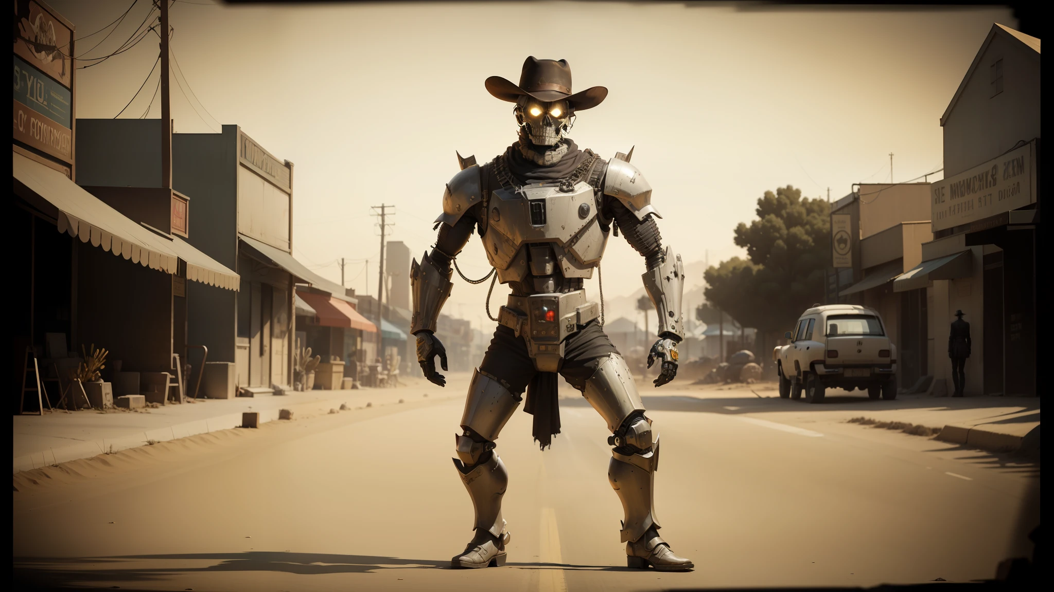 there is a man in a cowboy outfit standing in the middle of a street, endoskeleton, necromancy, full body photography, high detail iconic character, inspired by Richard Anuszkiewicz, costume, desert, animatronic, featured on artstattion, the doomslayer --auto --s2